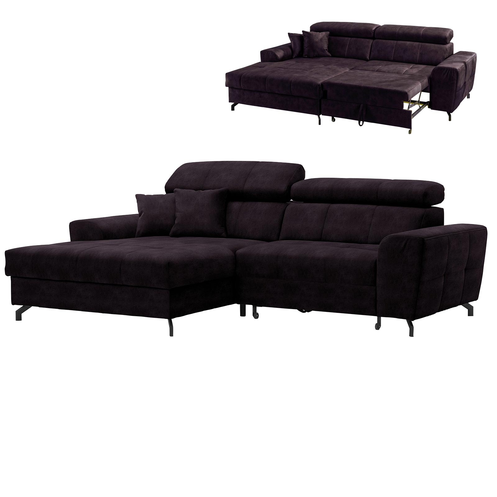 Ecksofa - aubergine - Samt - mit Liegefunktion - Recamiere links