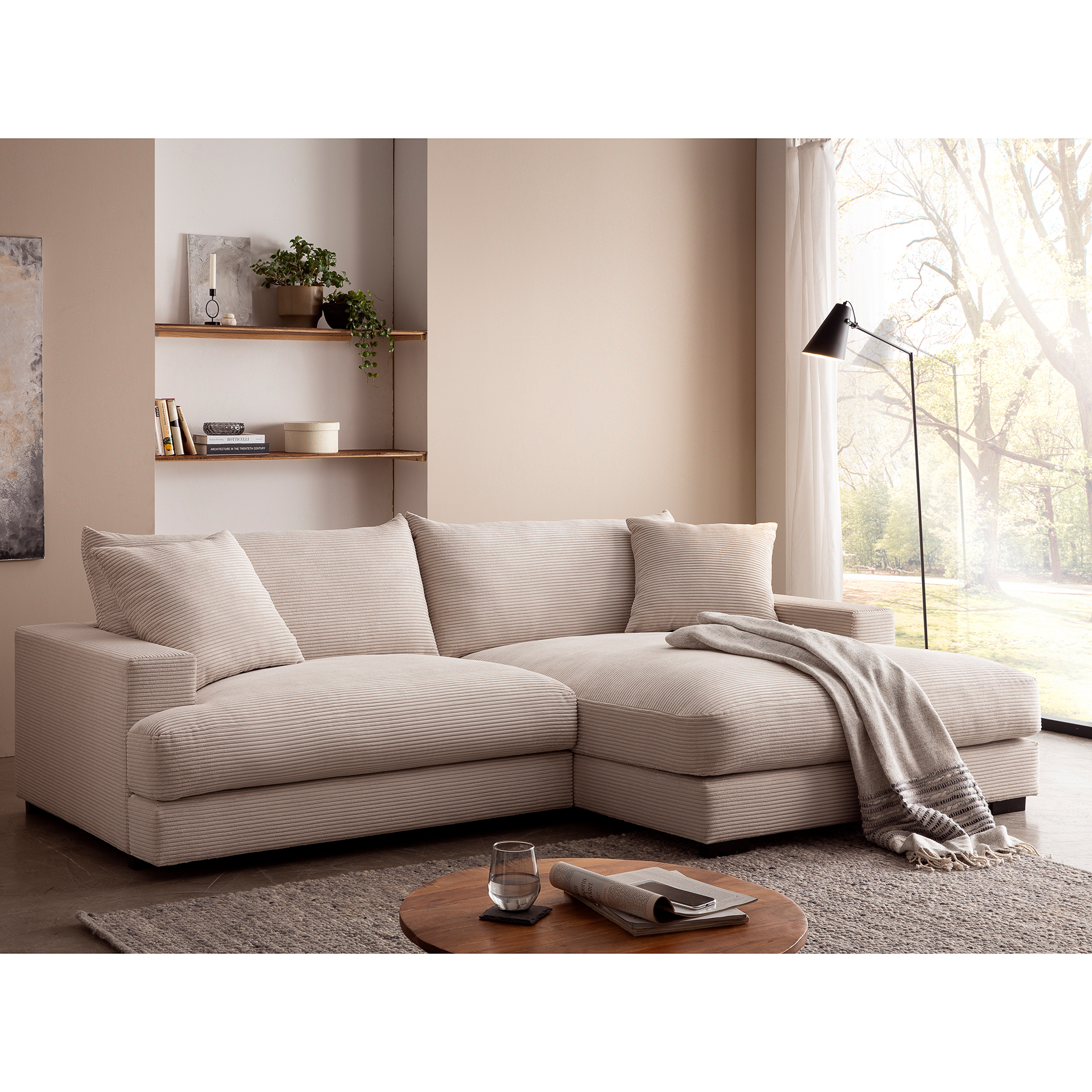 Ecksofa - beige - Cord - Recamiere rechts