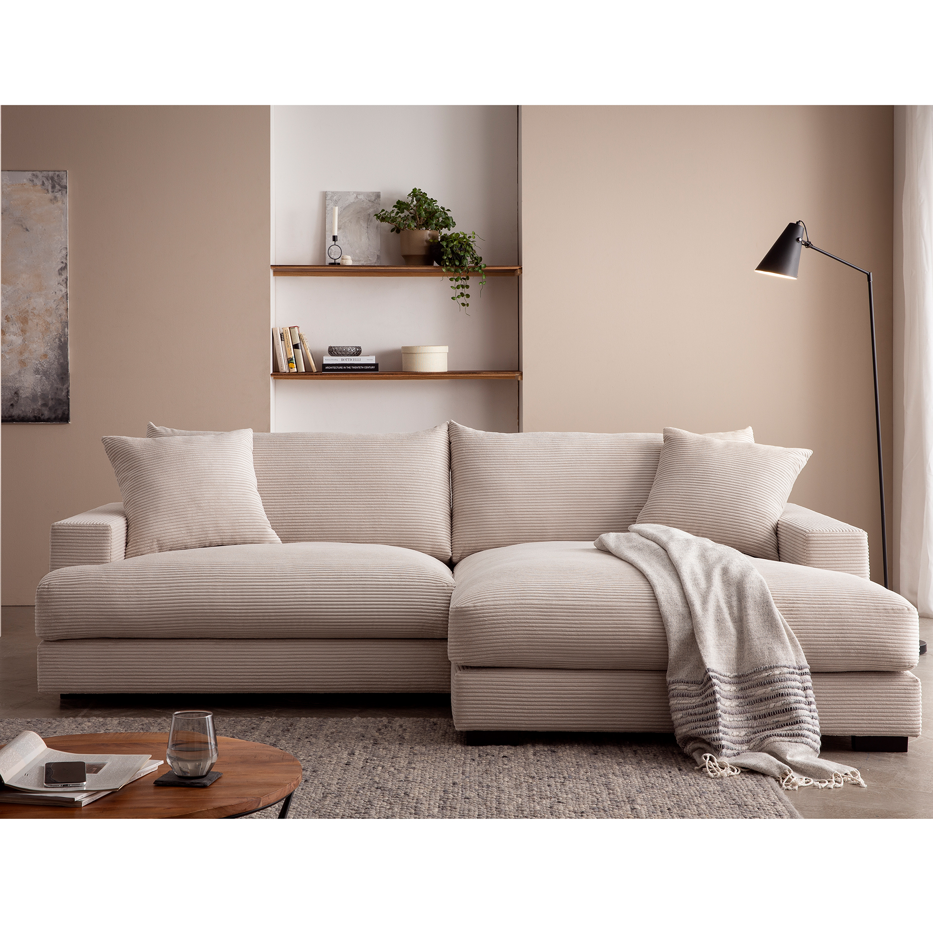 Ecksofa - beige - Cord - Recamiere rechts