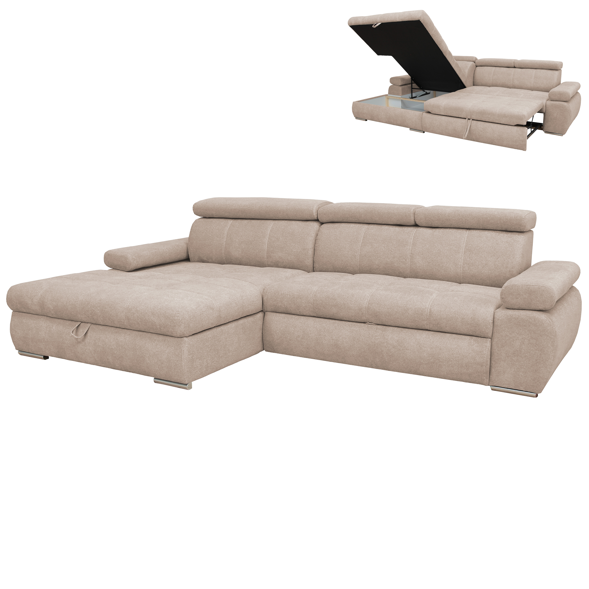 Ecksofa - beige - Liegefunktion und Staukasten - Ottomane links