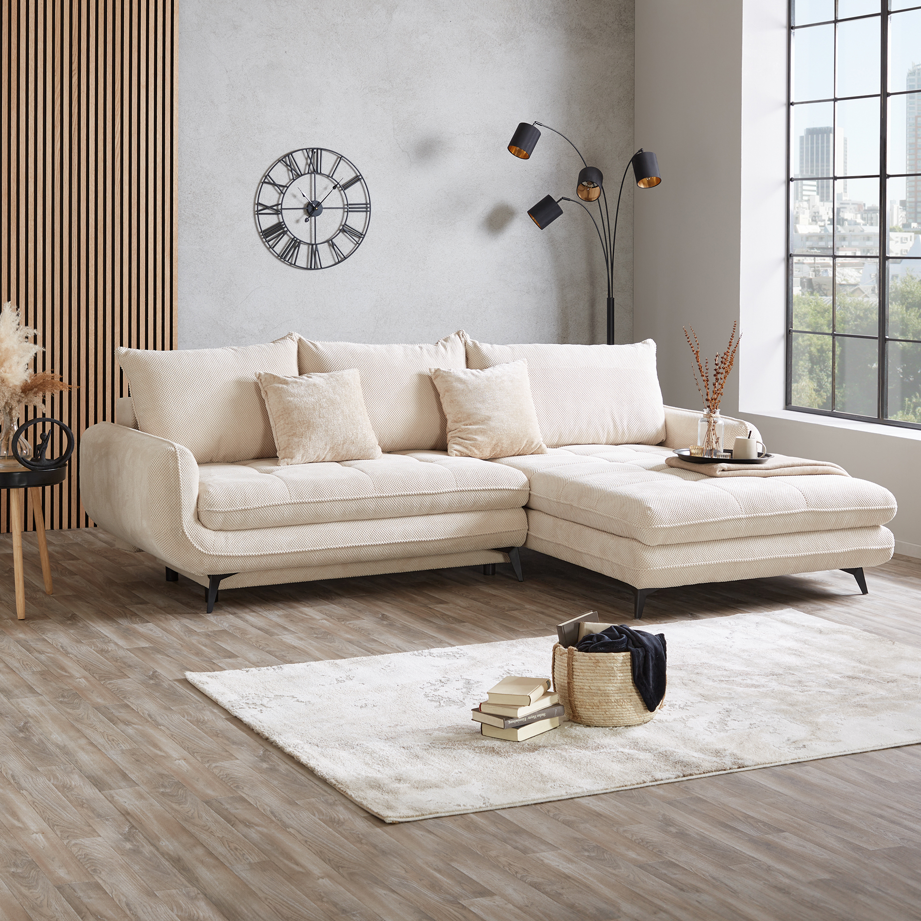 Ecksofa - beige - Liegefunktion und Staukasten - Ottomane rechts