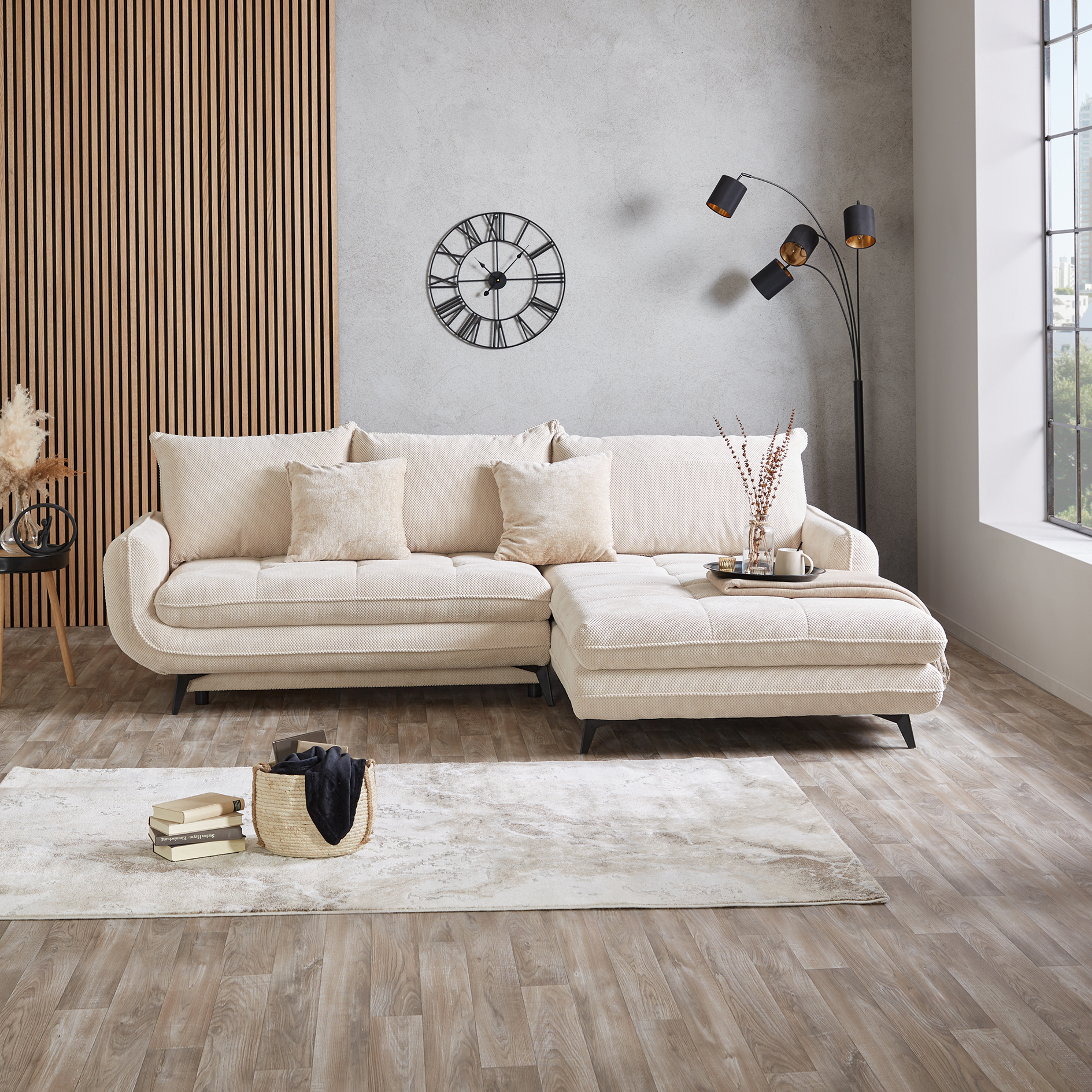 Ecksofa - beige - Liegefunktion und Staukasten - Ottomane rechts