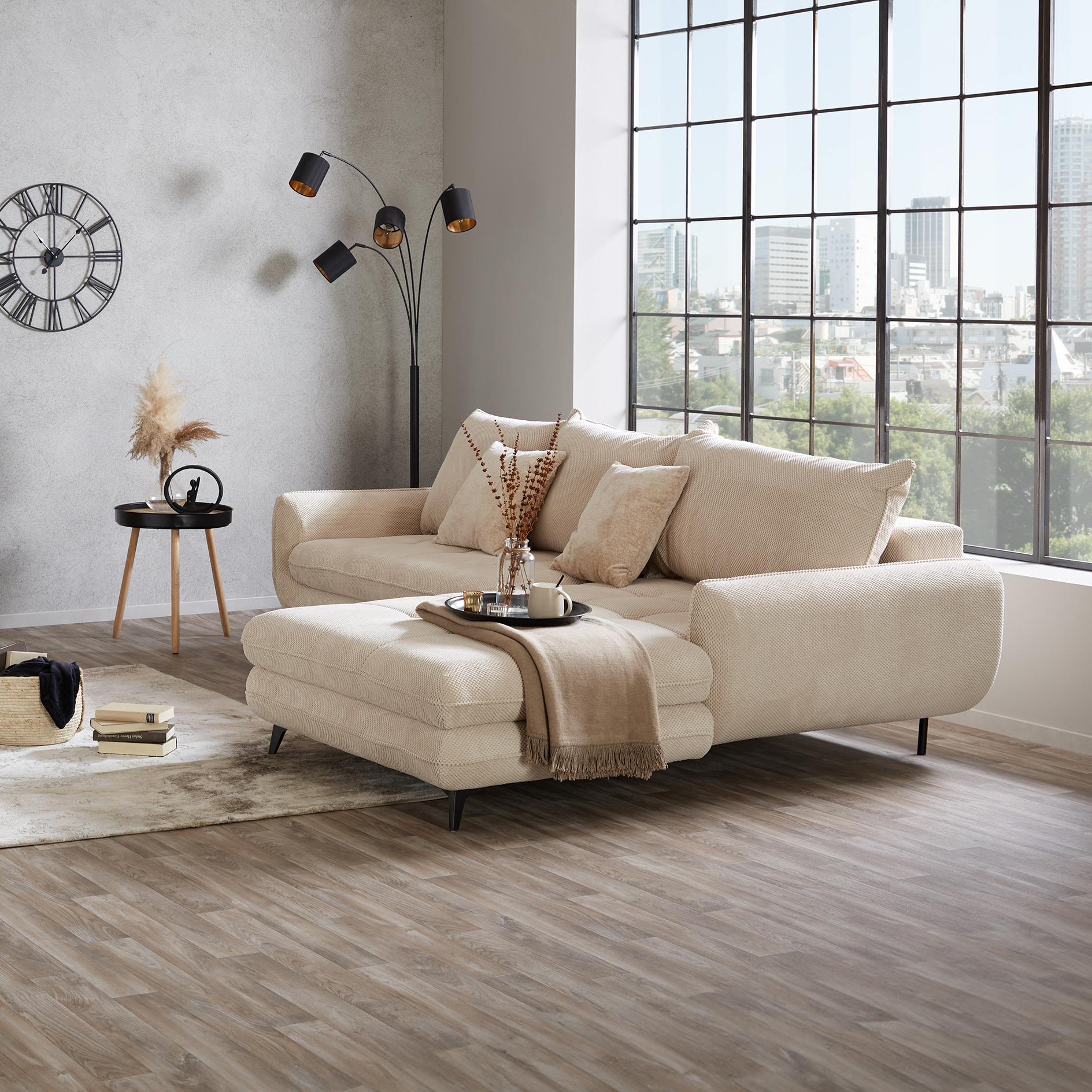 Ecksofa - beige - Liegefunktion und Staukasten - Ottomane rechts