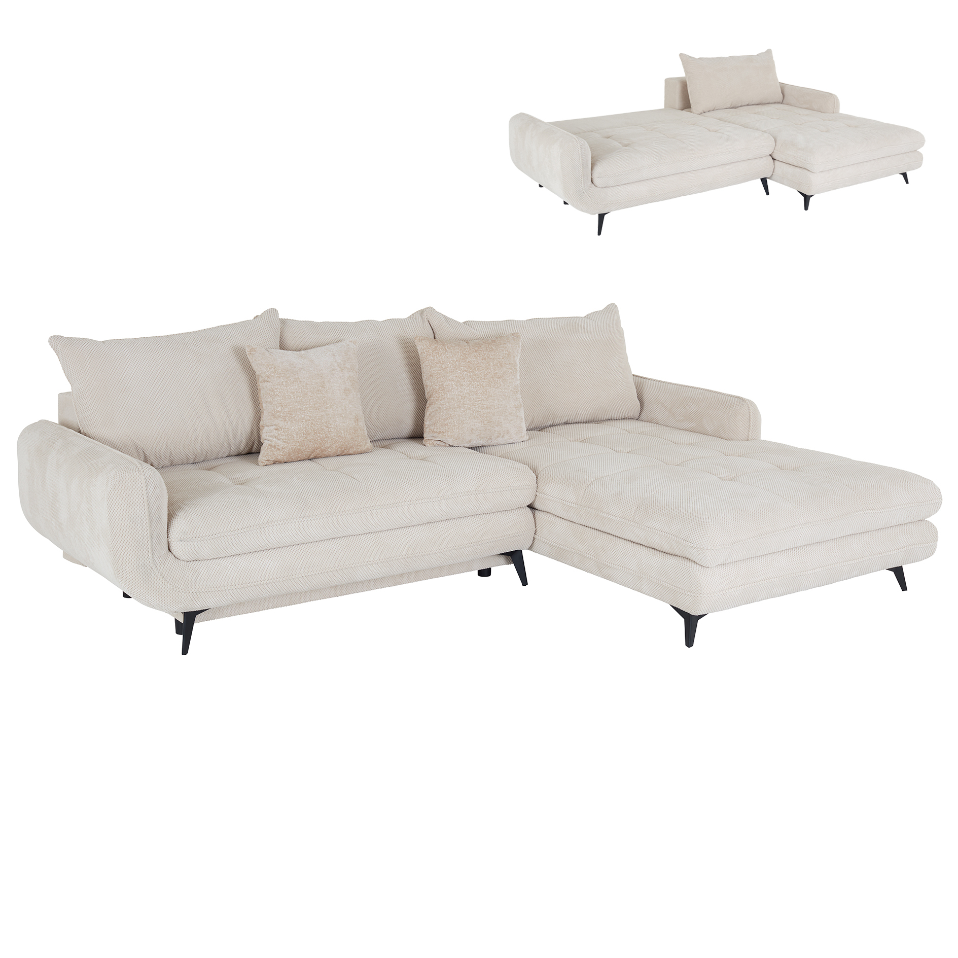 Ecksofa - beige - Liegefunktion und Staukasten - Ottomane rechts