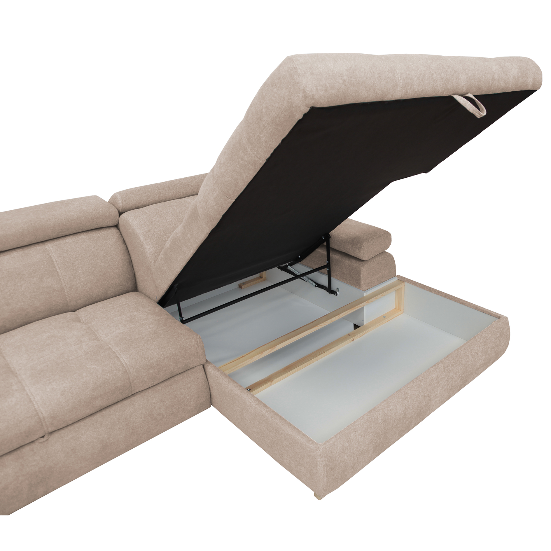 Ecksofa - beige - Liegefunktion und Staukasten - Ottomane rechts