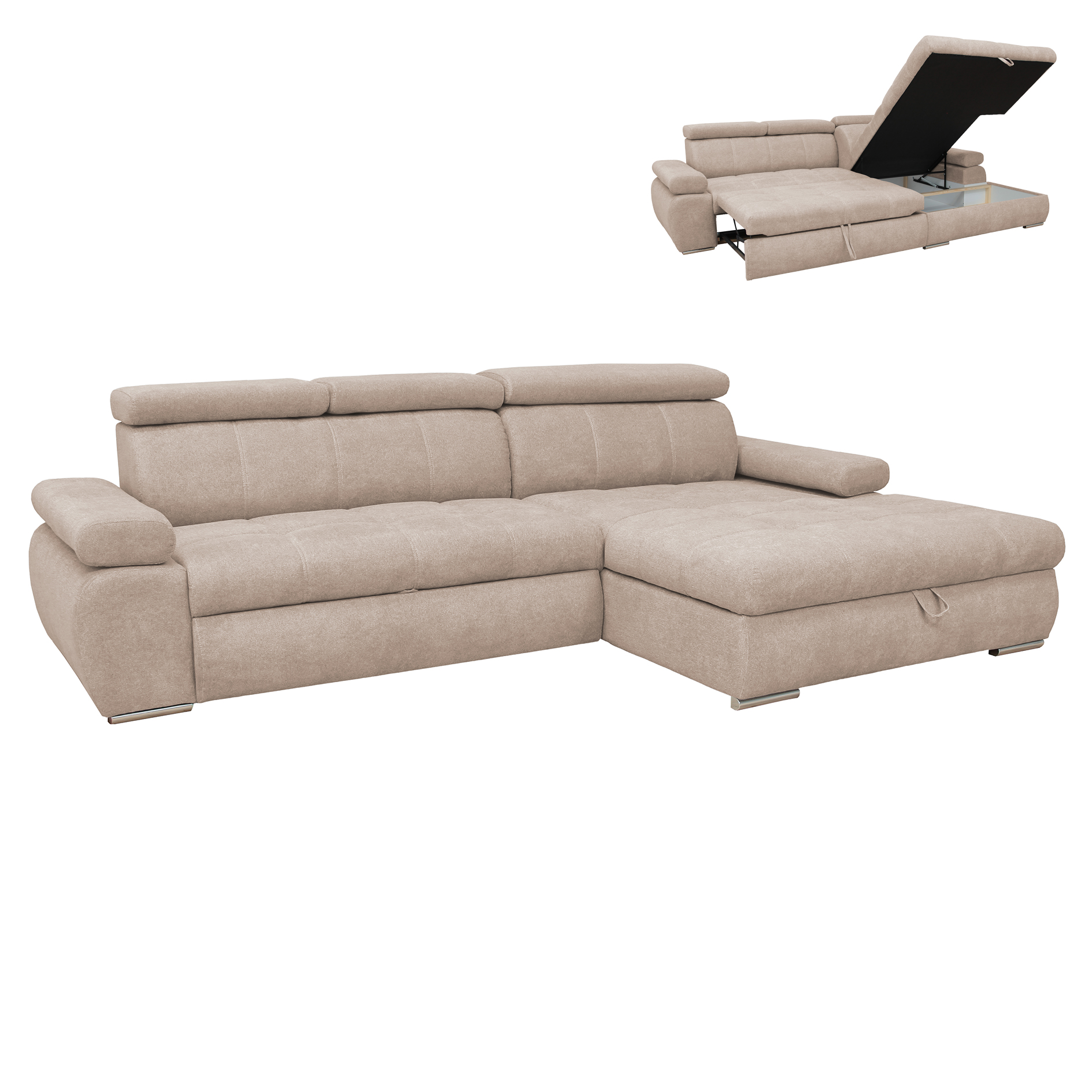 Ecksofa - beige - Liegefunktion und Staukasten - Ottomane rechts