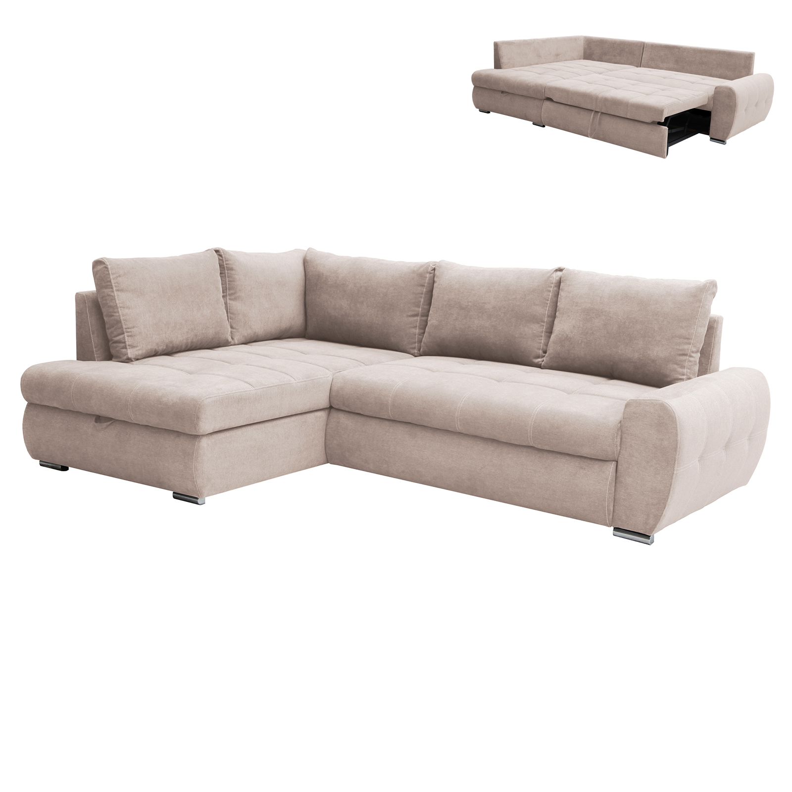 Ecksofa - beige - mit Liegefunktion und Staukasten - Recamiere links