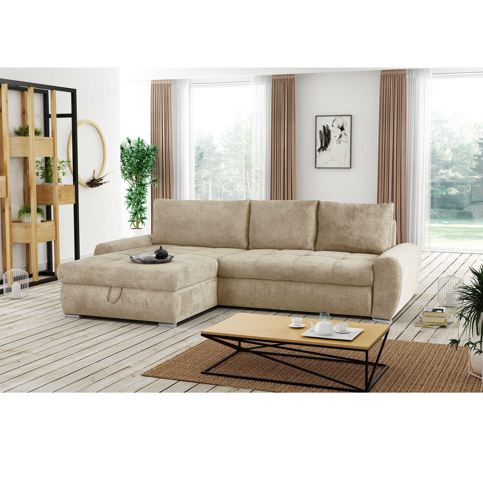 Ecksofa - beige - mit Liegefunktion und Staukasten