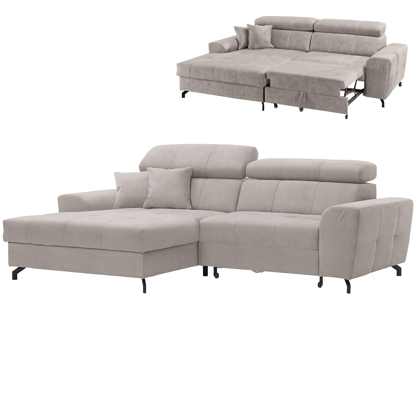 Ecksofa - beige - Samt - mit Liegefunktion - Recamiere links