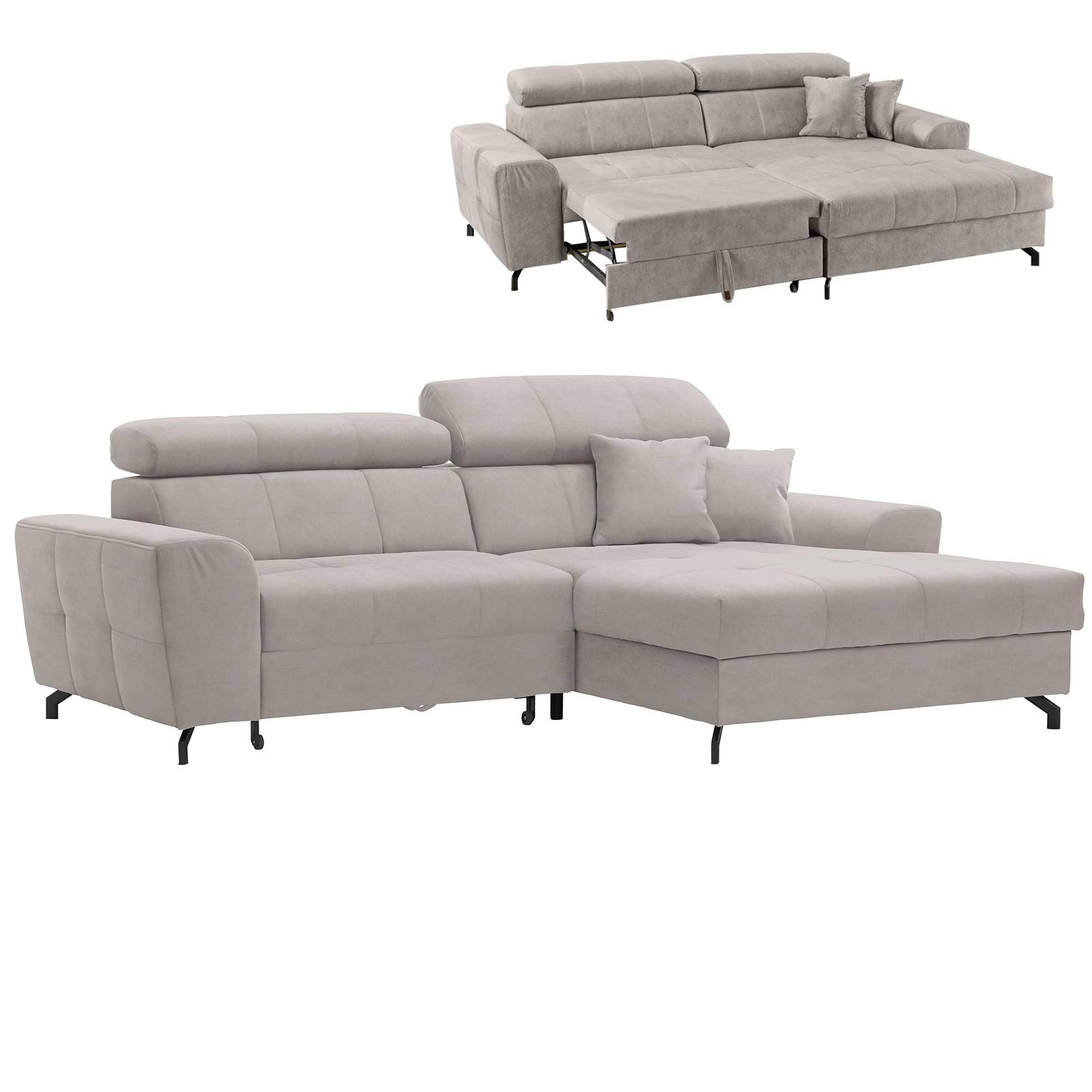 Ecksofa - beige - Samt - mit Liegefunktion - Recamiere rechts
