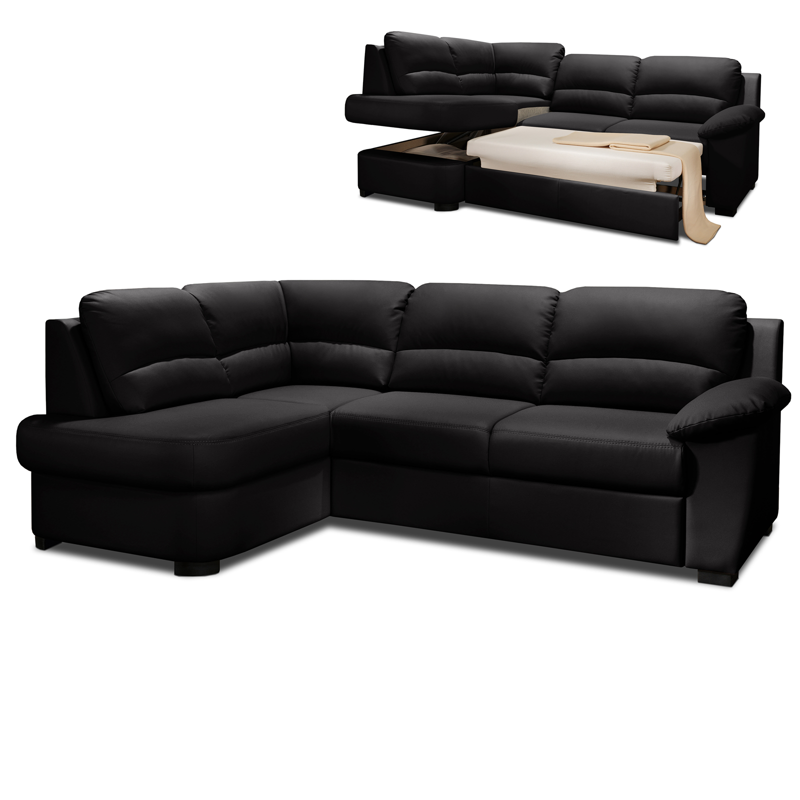 Ecksofa - black - Kunstleder - Liegefunktion - Ottomane links