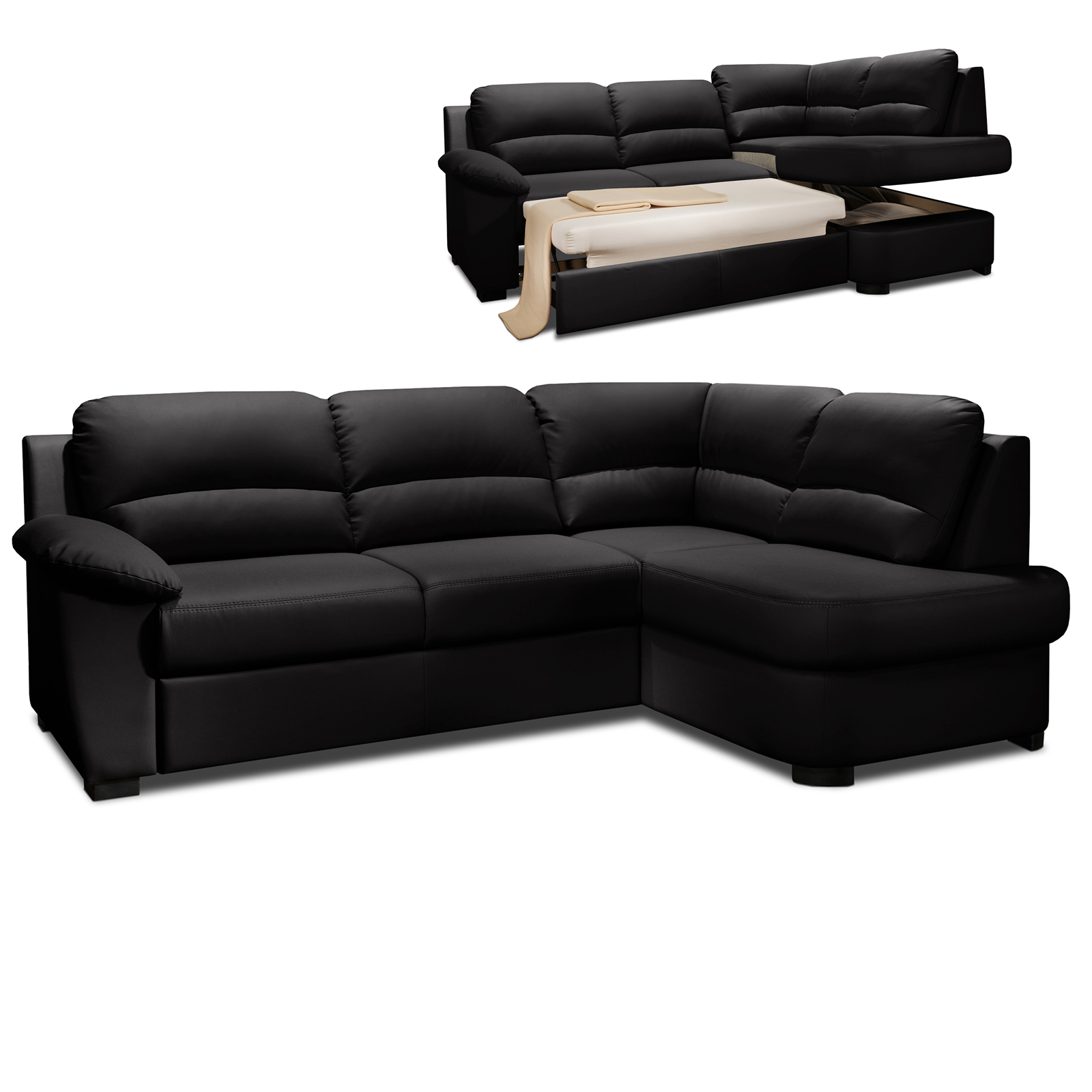 Ecksofa - black - Kunstleder - Liegefunktion - Ottomane rechts