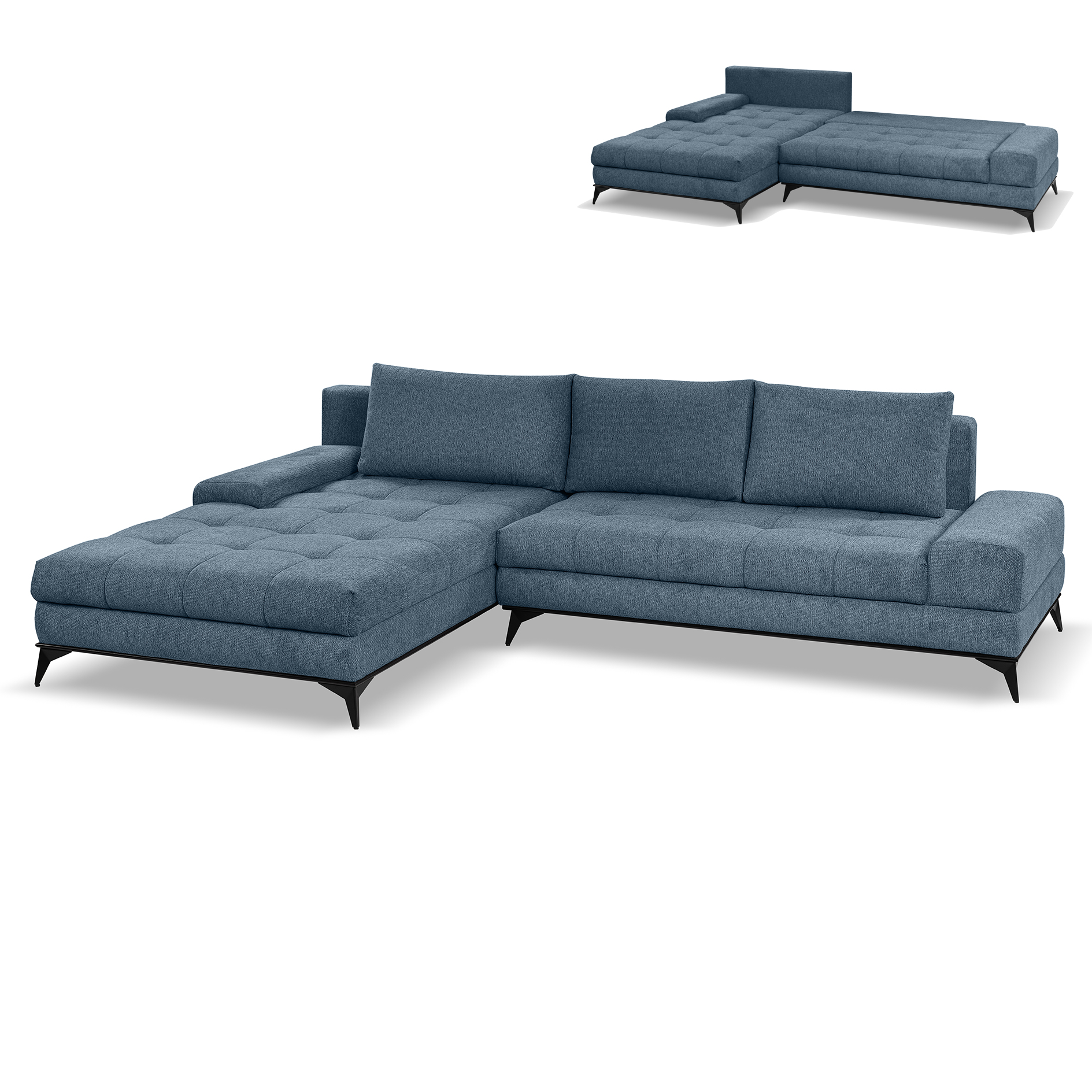 Ecksofa - blau - Liegefunktion und Staukasten - Longchair links