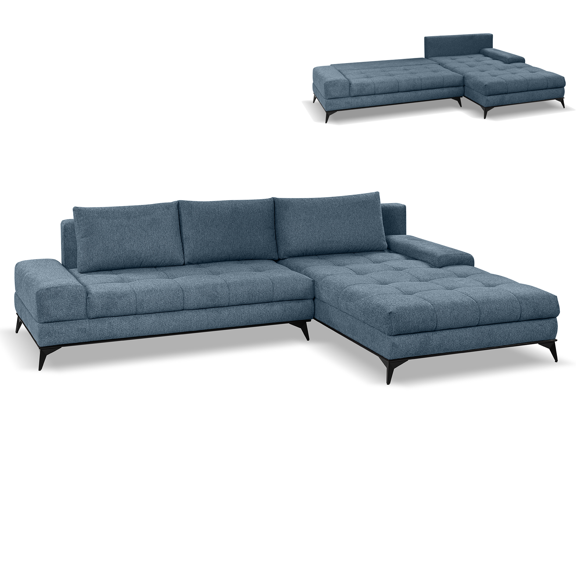 Ecksofa - blau - Liegefunktion und Staukasten - Longchair rechts