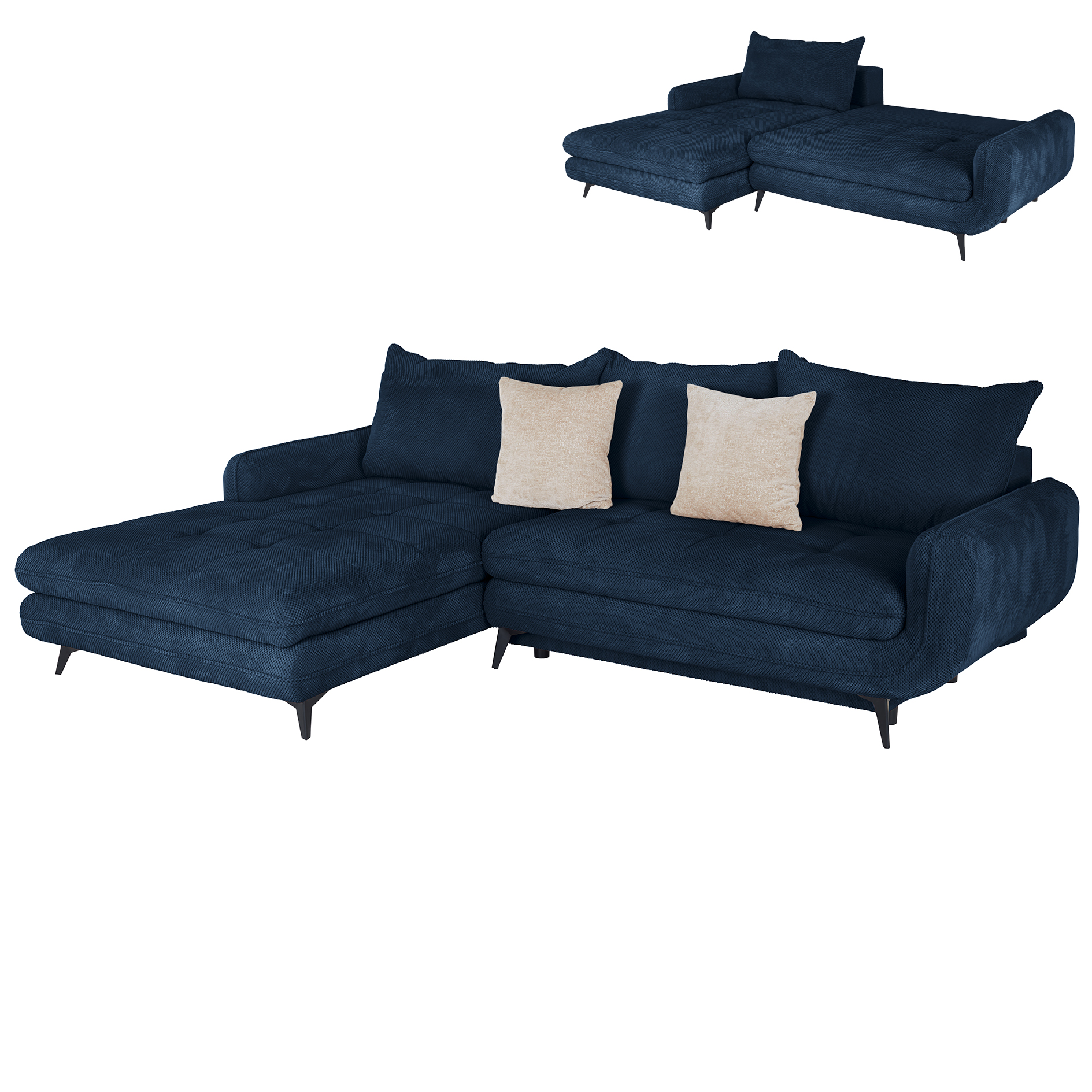Ecksofa - blau - Liegefunktion und Staukasten - Ottomane links
