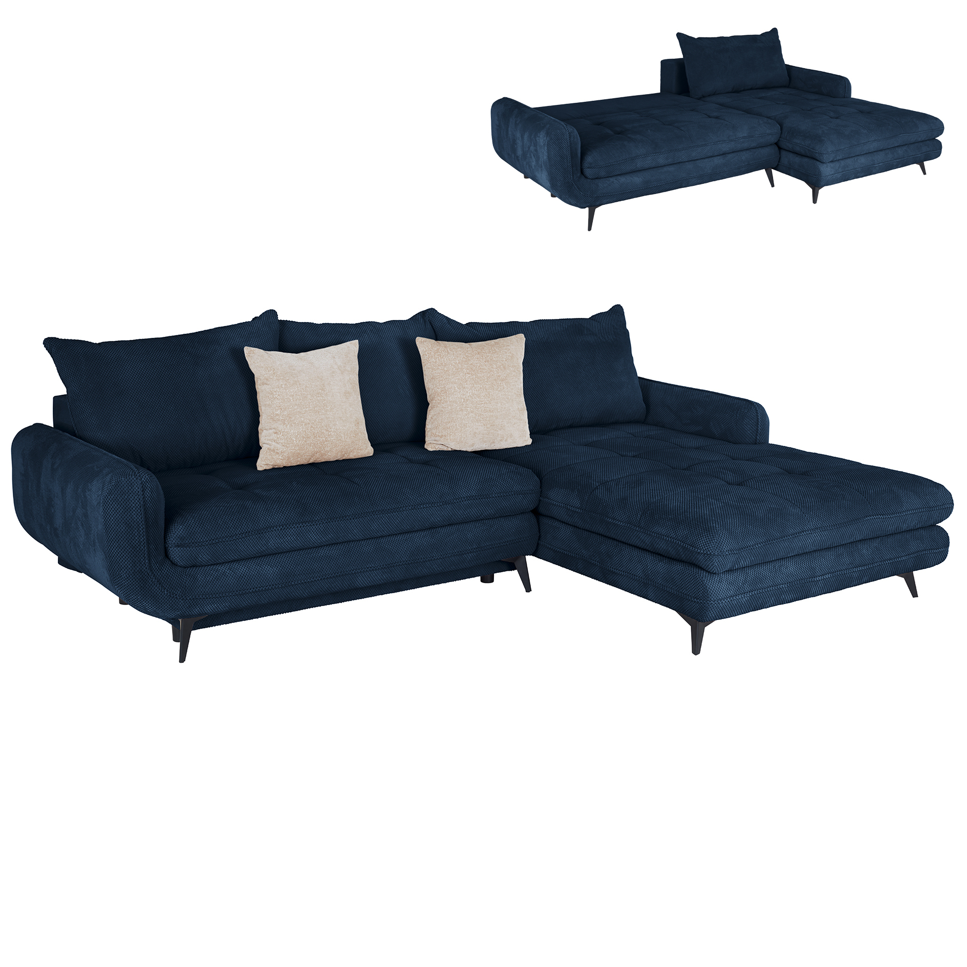 Ecksofa - blau - Liegefunktion und Staukasten - Ottomane rechts