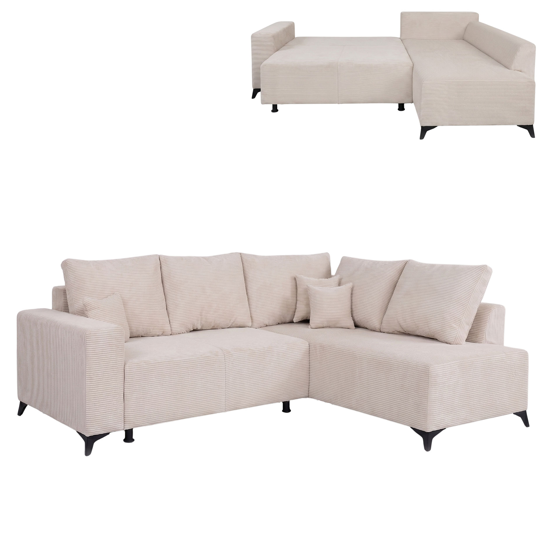 Ecksofa - cream - Cord - Liegefunktion und Staukasten