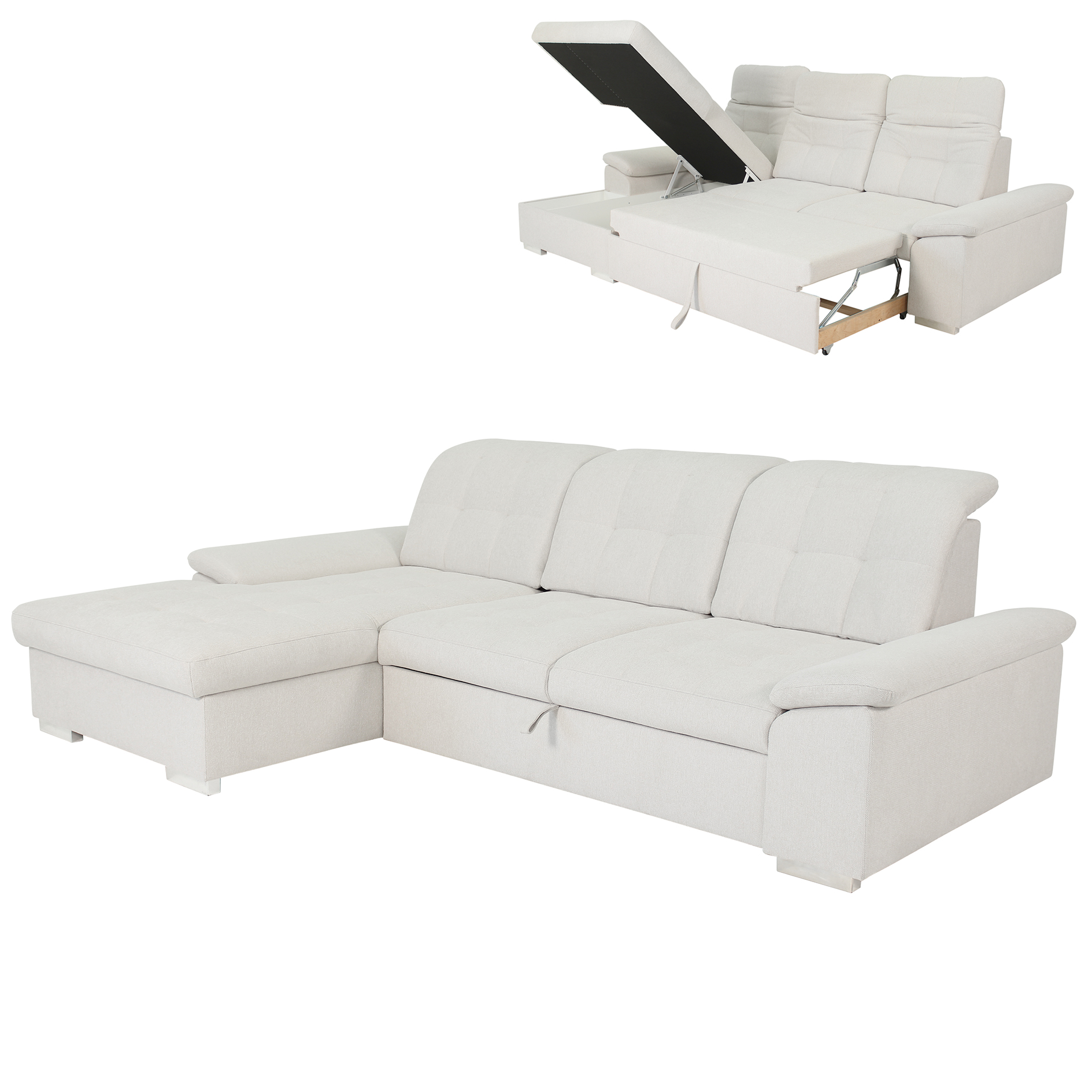 Ecksofa - cream - Liegefunktion - Staukasten links