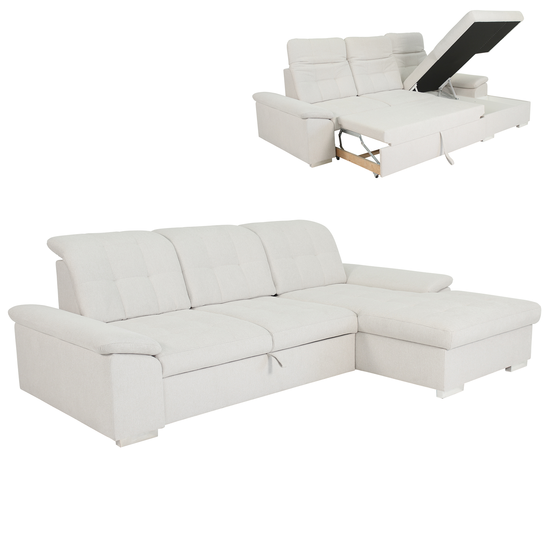 Ecksofa - cream - Liegefunktion - Staukasten rechts