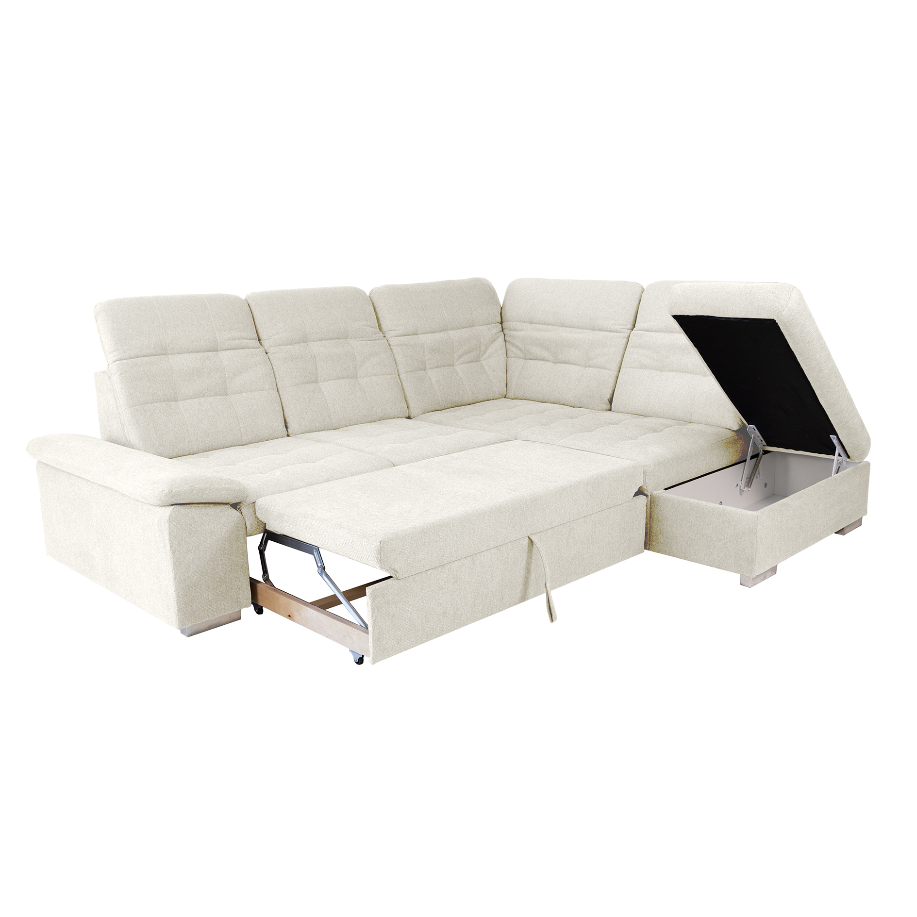 Ecksofa - cream - Liegefunktion und Staukasten - Ottomane rechts