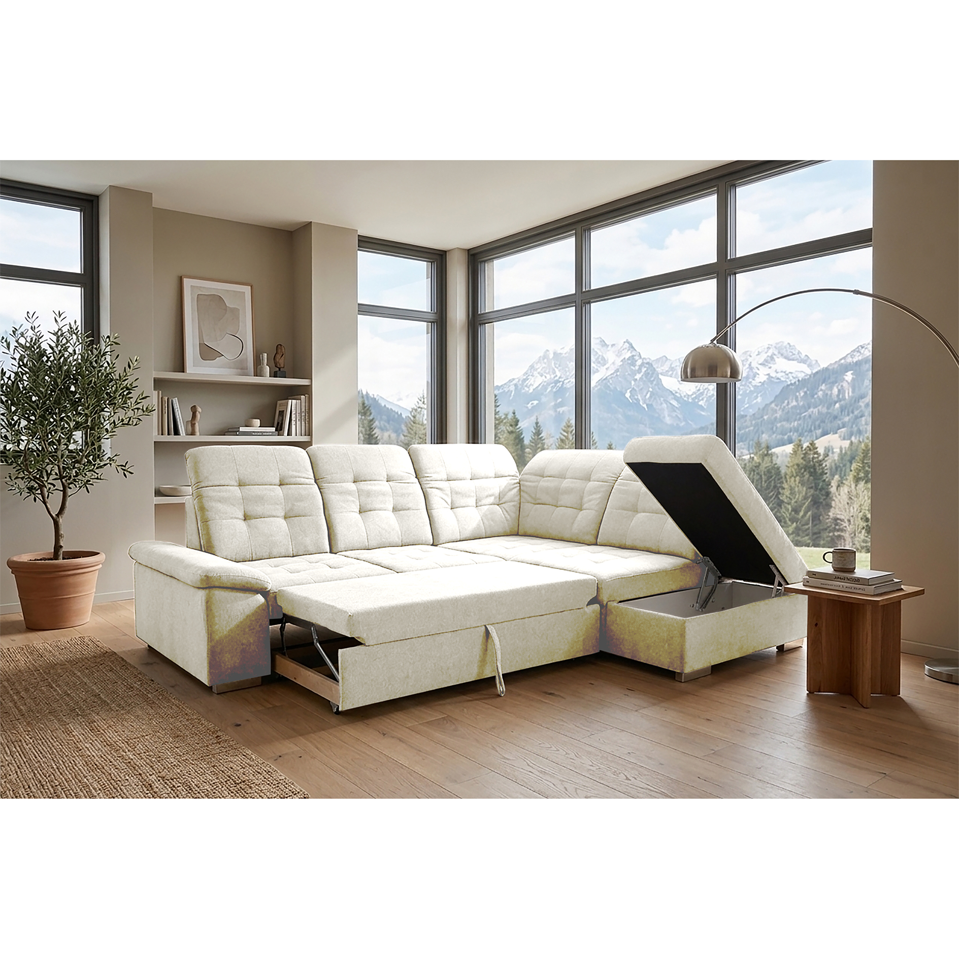Ecksofa - cream - Liegefunktion und Staukasten - Ottomane rechts