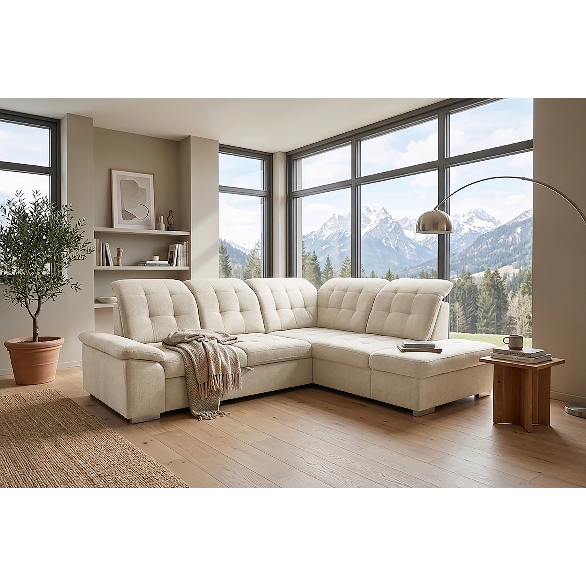 Ecksofa - cream - Liegefunktion und Staukasten - Ottomane rechts