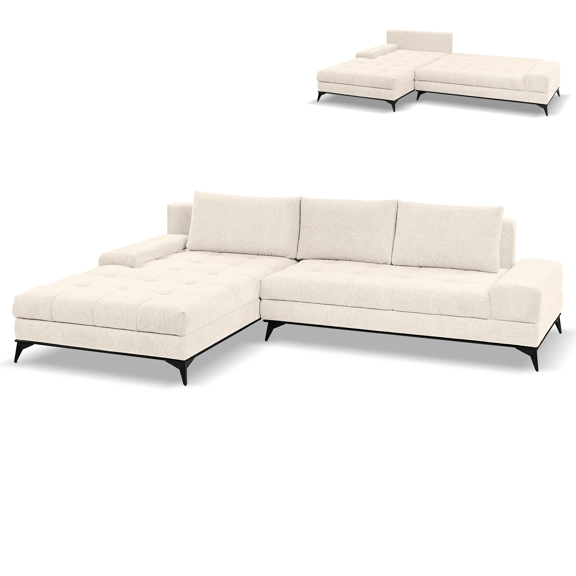 Ecksofa - creme - Liegefunktion und Staukasten - Longchair links
