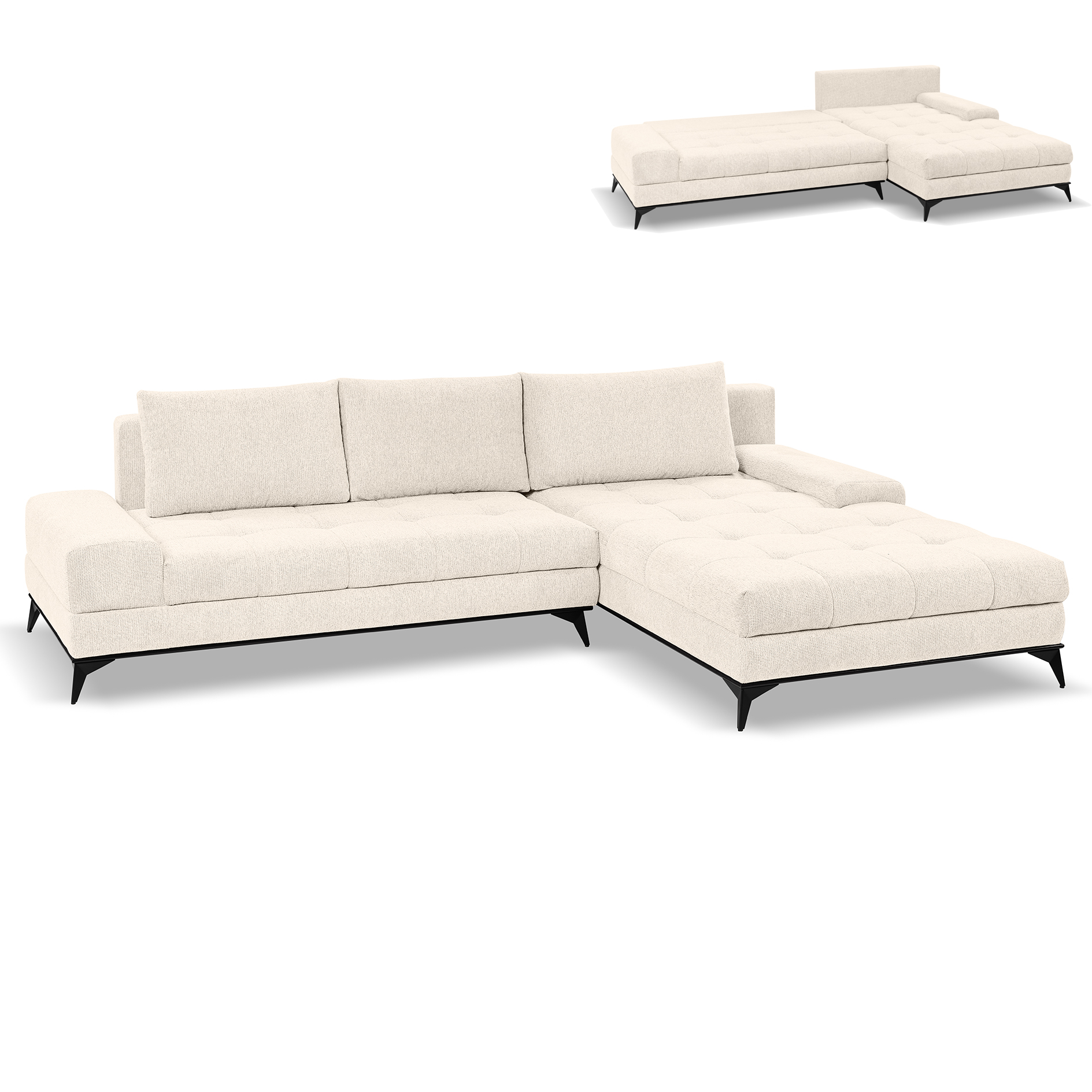 Ecksofa - creme - Liegefunktion und Staukasten - Longchair rechts