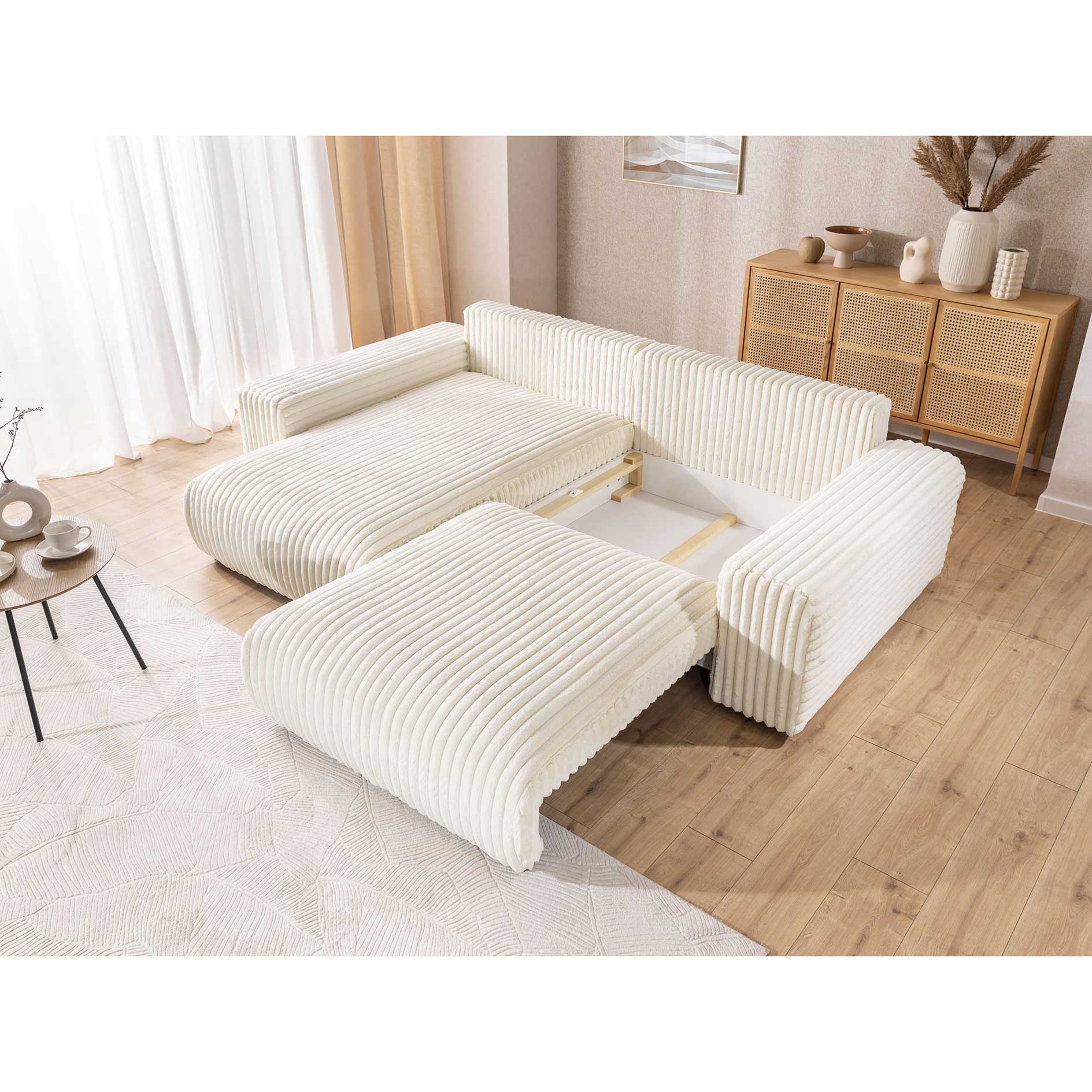 Ecksofa - creme - Liegefuntkion - Staukasten - Cord