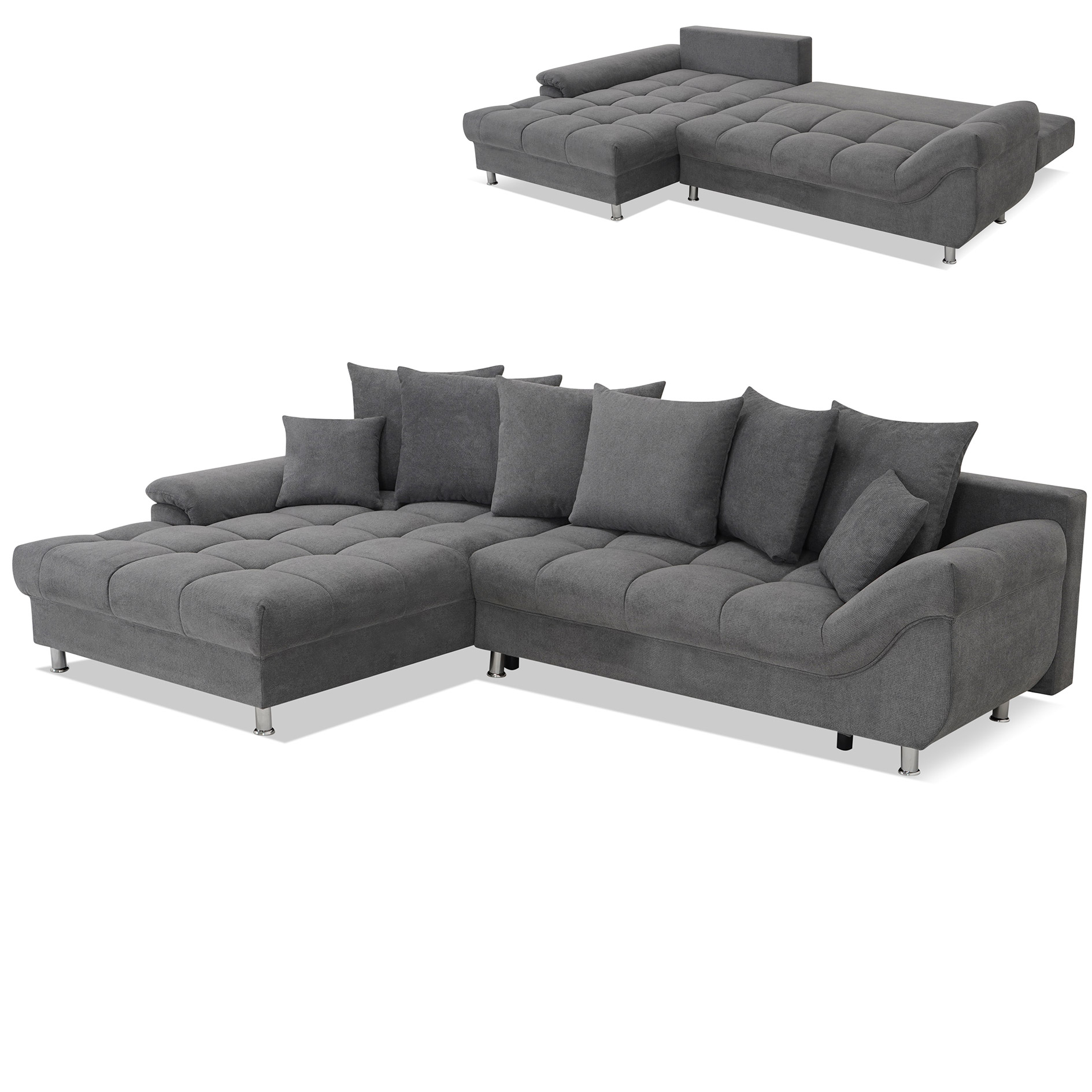 Ecksofa - dark grey - Liegefunktion - Staukasten - mit Kissen - Ottomane links