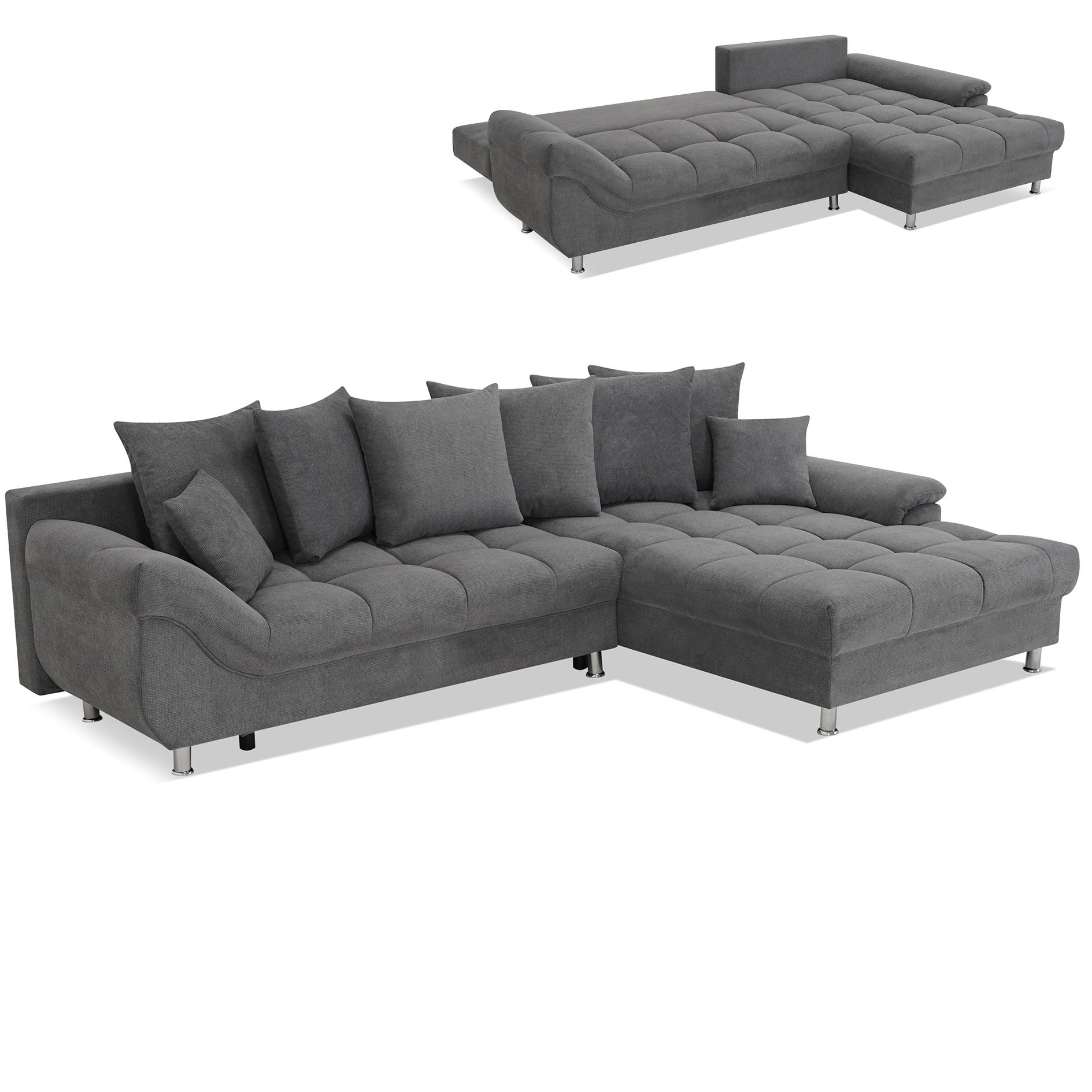 Ecksofa - dark grey - Liegefunktion - Staukasten - mit Kissen - Ottomane rechts