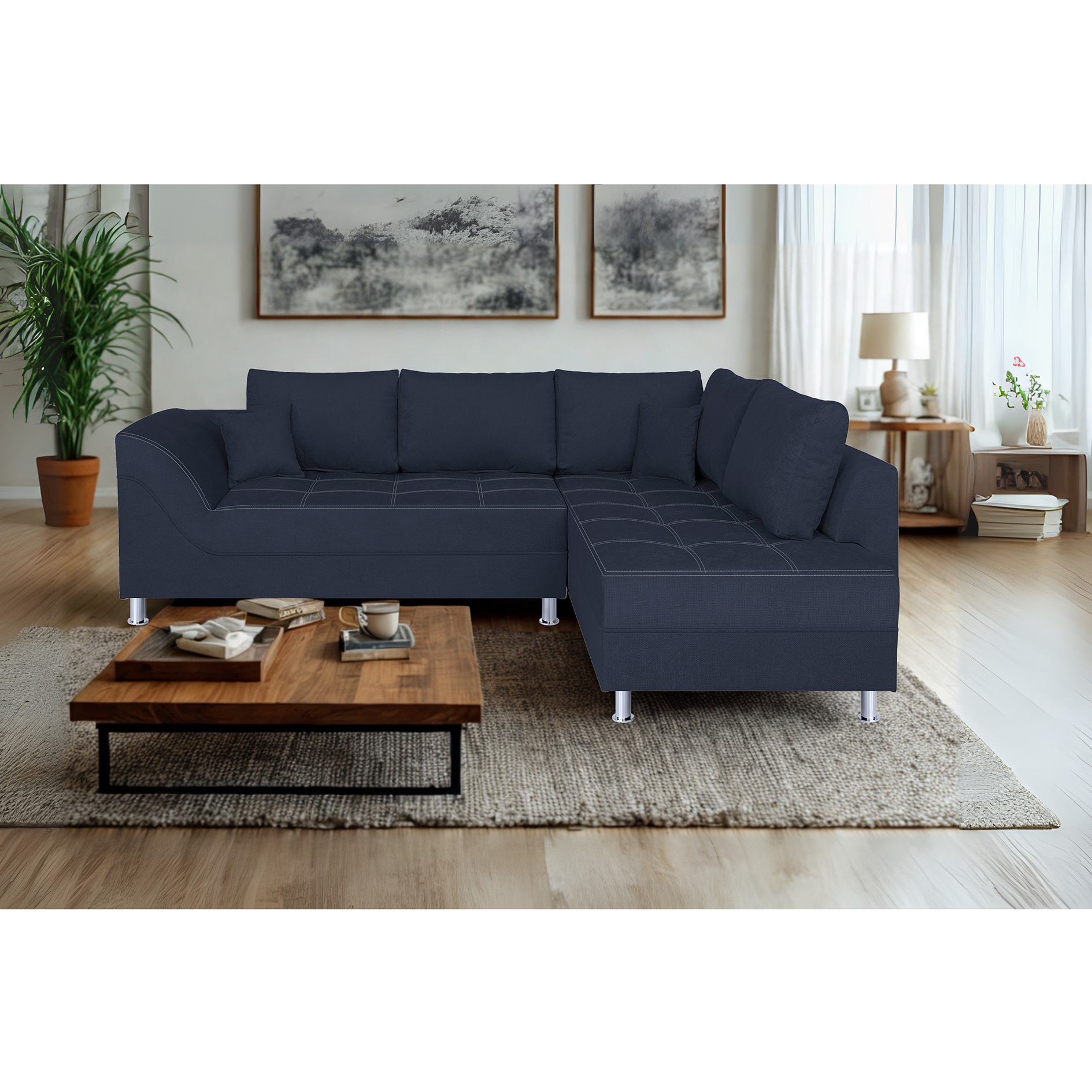 Ecksofa - deep blue - Federkern - mit Kissen