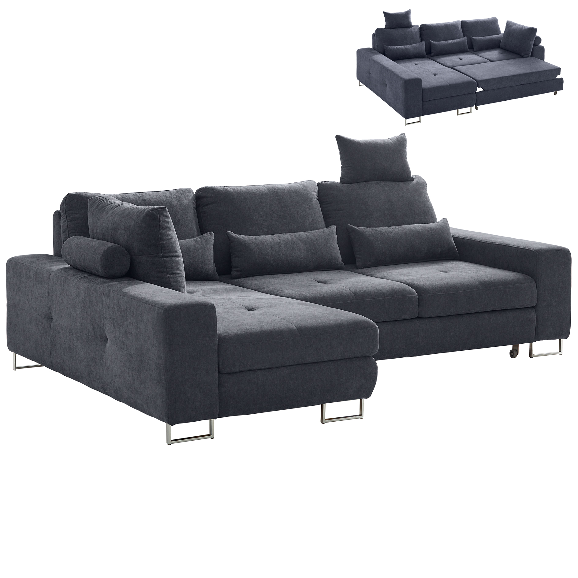 Ecksofa - graphite - Staukasten - Rückenverstellung - Longchair links