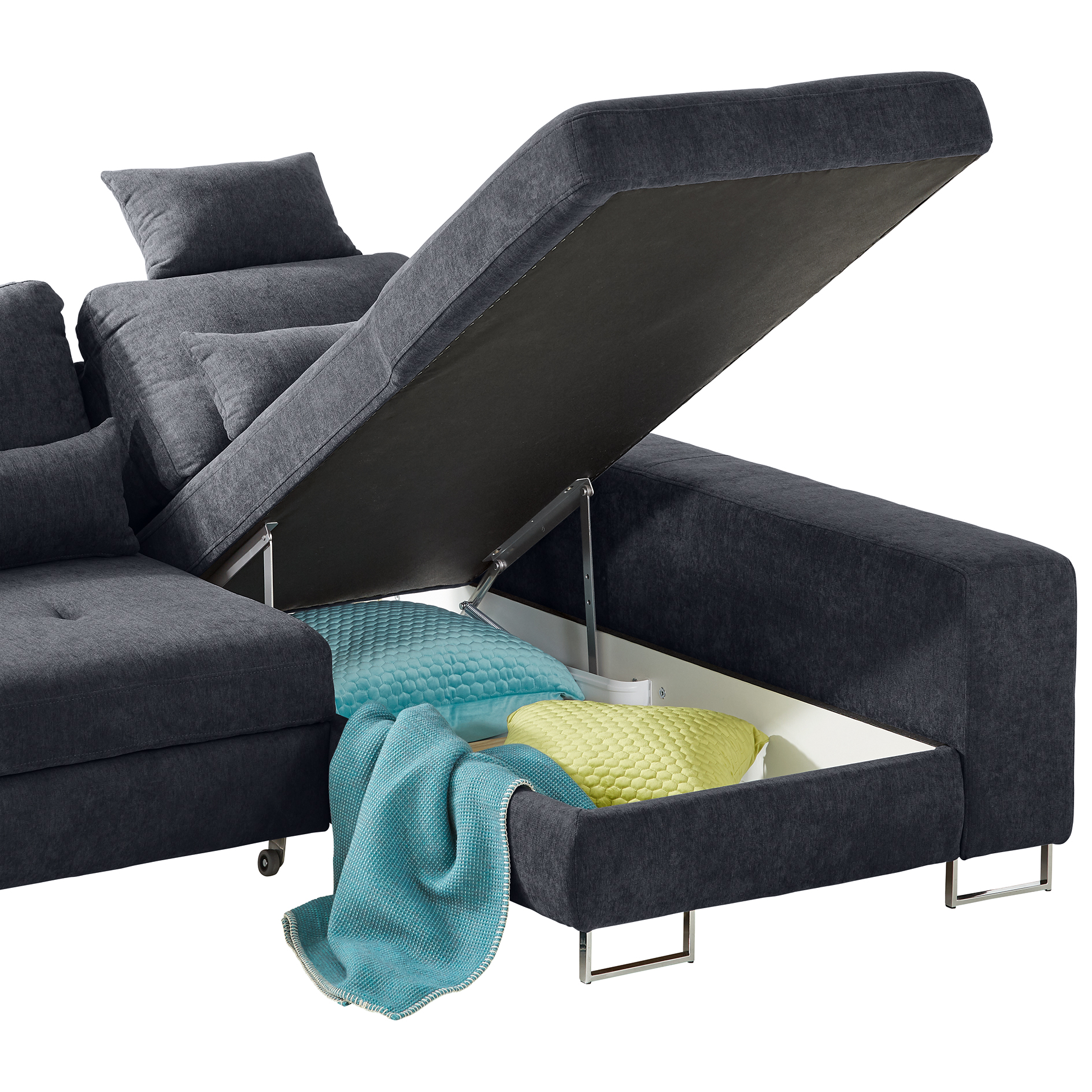 Ecksofa - graphite - Staukasten - Rückenverstellung - Longchair rechts