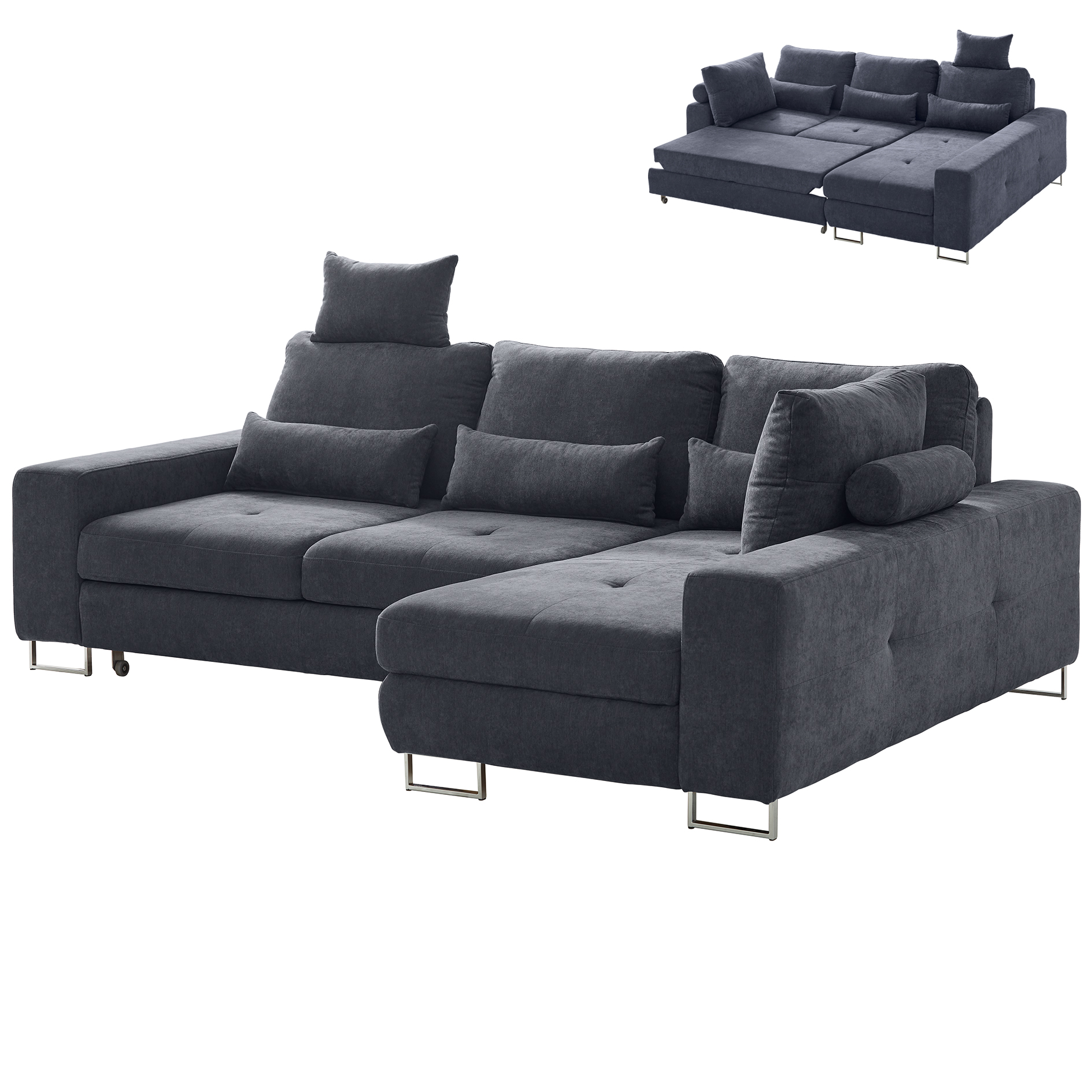 Ecksofa - graphite - Staukasten - Rückenverstellung - Longchair rechts
