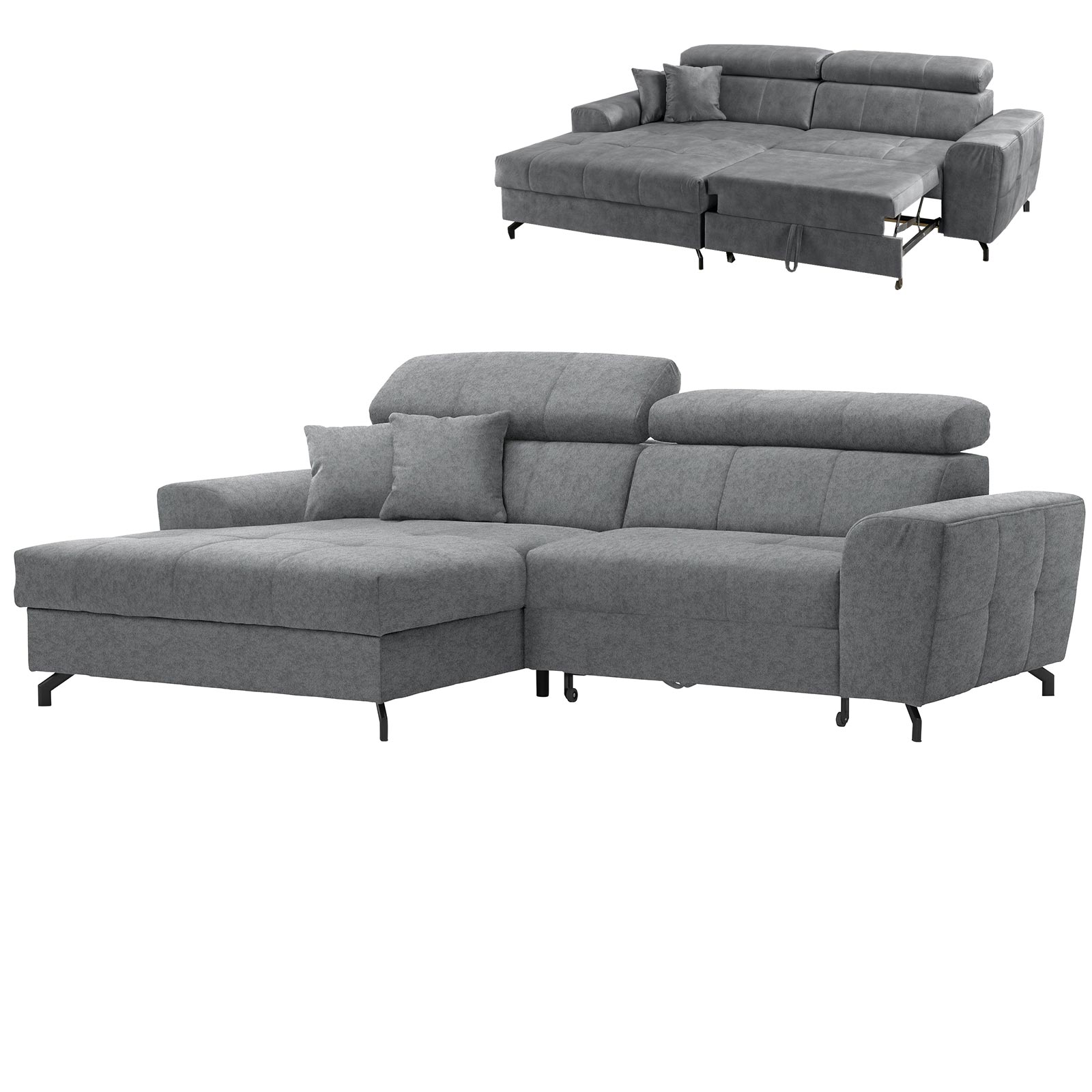 Ecksofa - grau - Samt - mit Liegefunktion - Recamiere links
