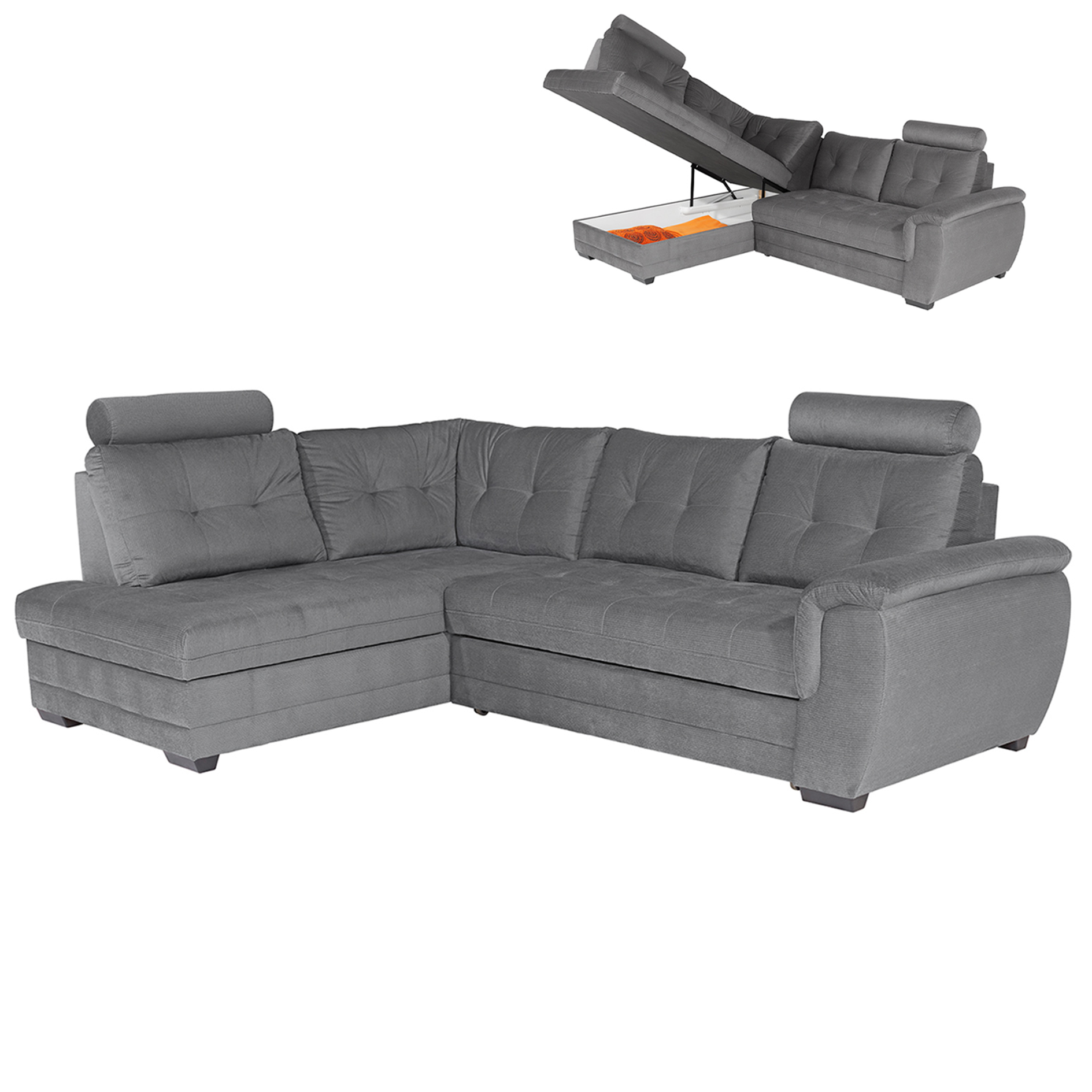 Ecksofa - grau - Webstoff - Liegefunktion - Staukasten links