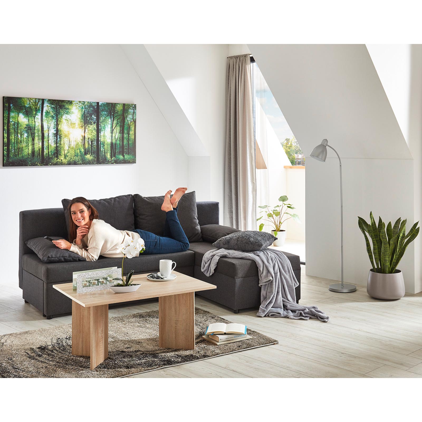 Ecksofa - grau - Webstoff - mit Liegefunktion