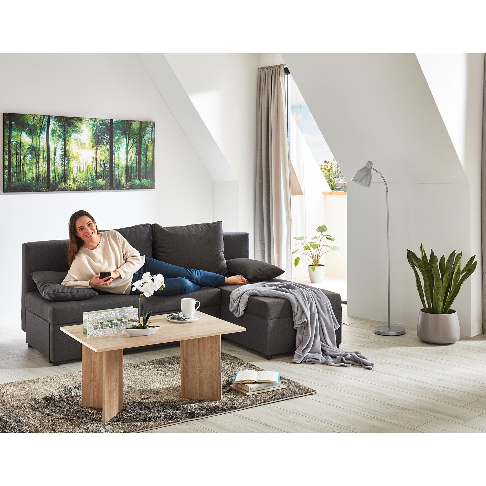Ecksofa - grau - Webstoff - mit Liegefunktion