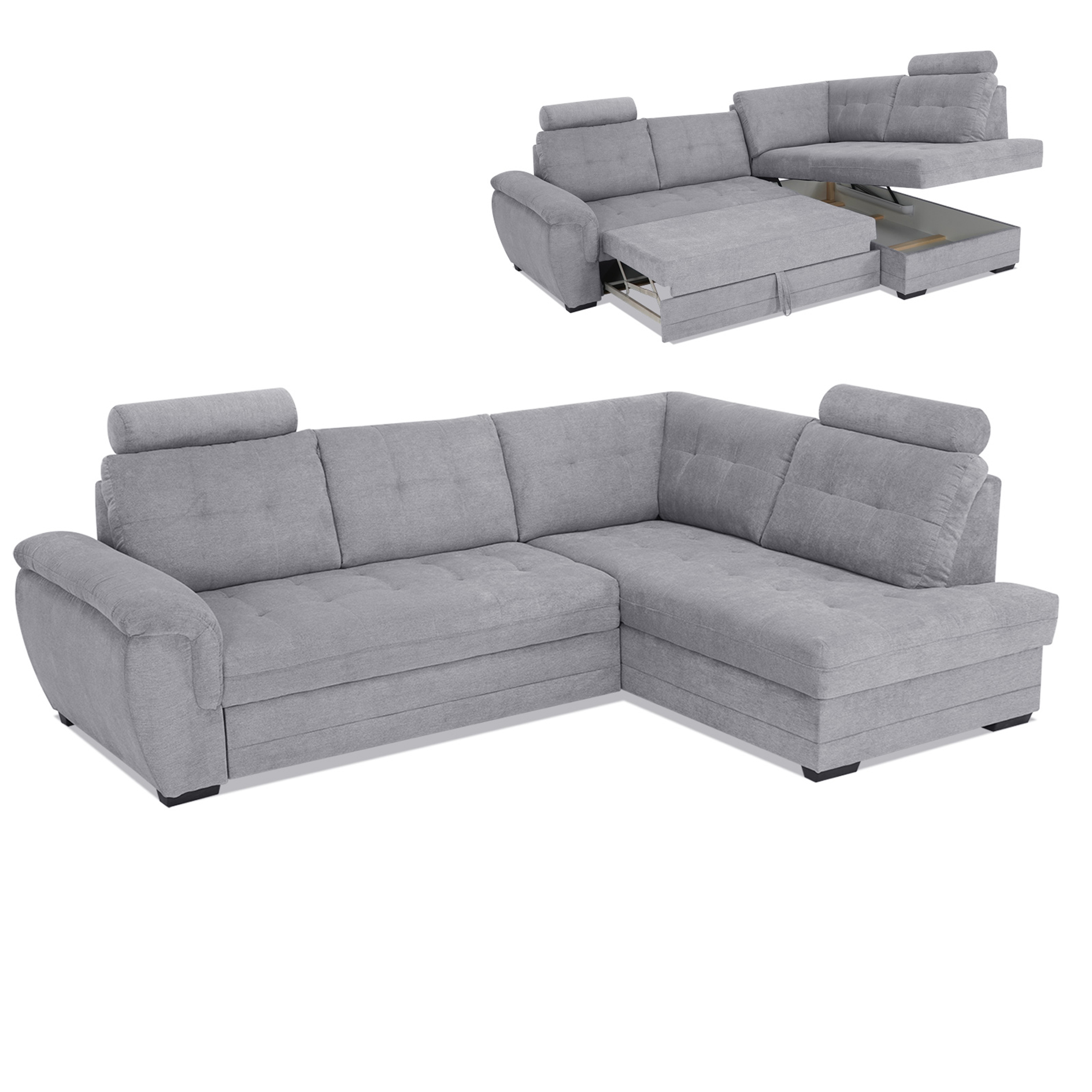 Ecksofa - grey - Velours - Liegefunktion - Staukasten rechts