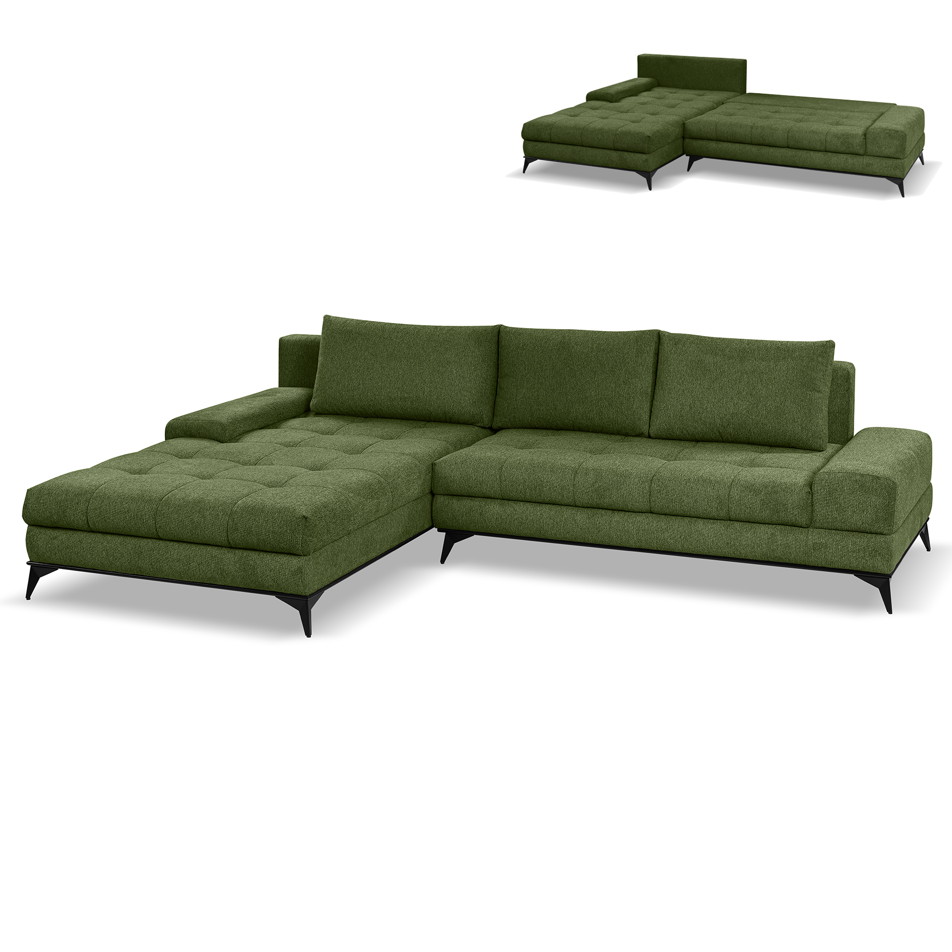 Ecksofa - grün - Liegefunktion und Staukasten - Longchair links