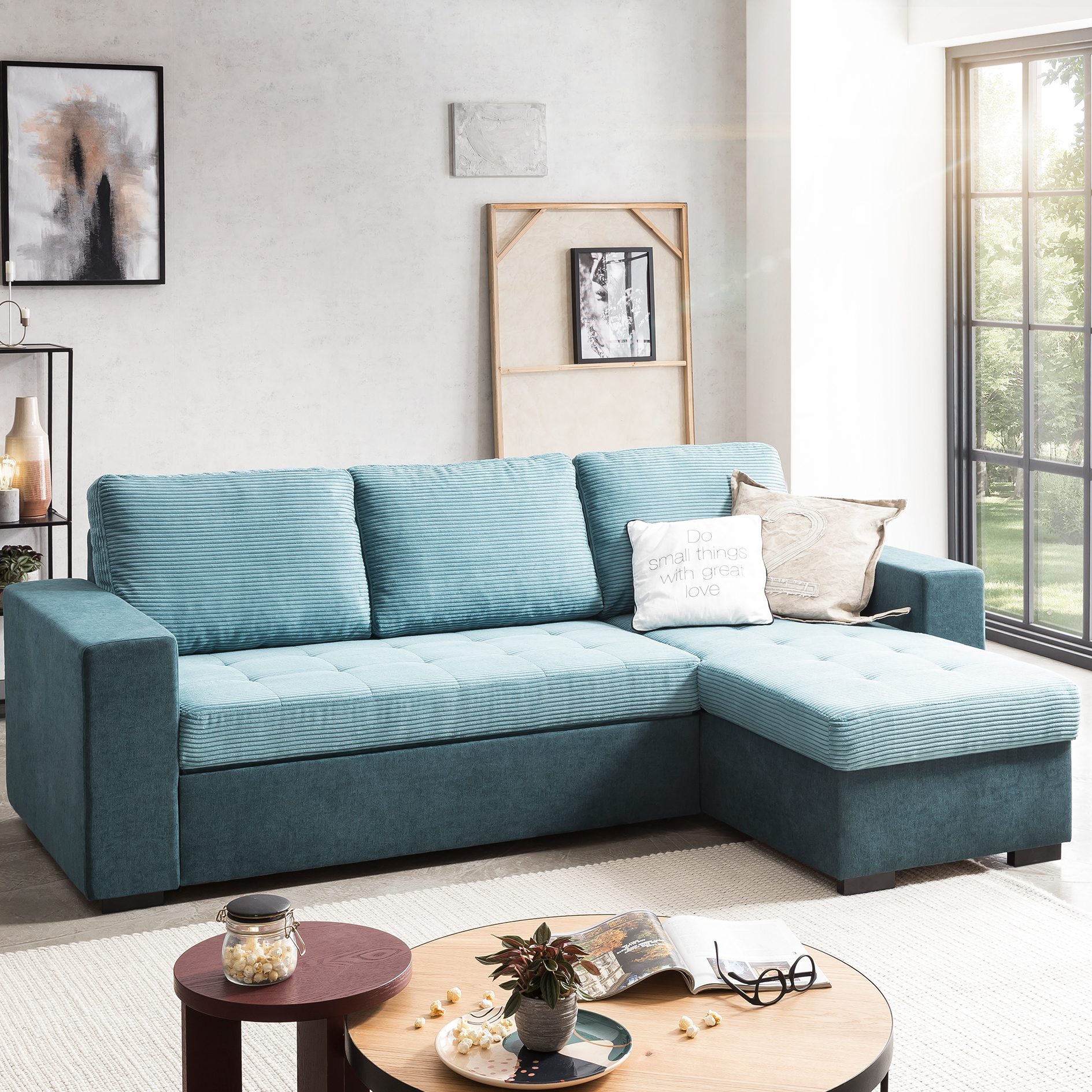 Ecksofa - lagoon-teal - Cord - mit Liegefunktion und Staukasten