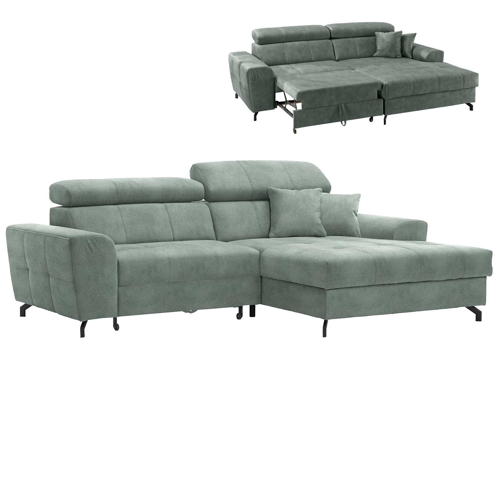 Ecksofa - mint - Samt - mit Liegefunktion - Recamiere rechts