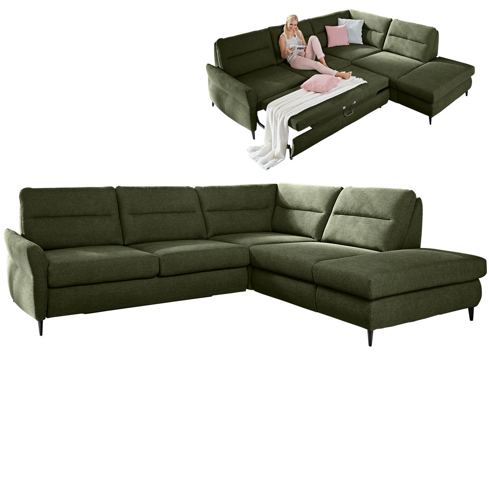 Ecksofa - moos - Microchenille - mit Liegefunktion - rechts