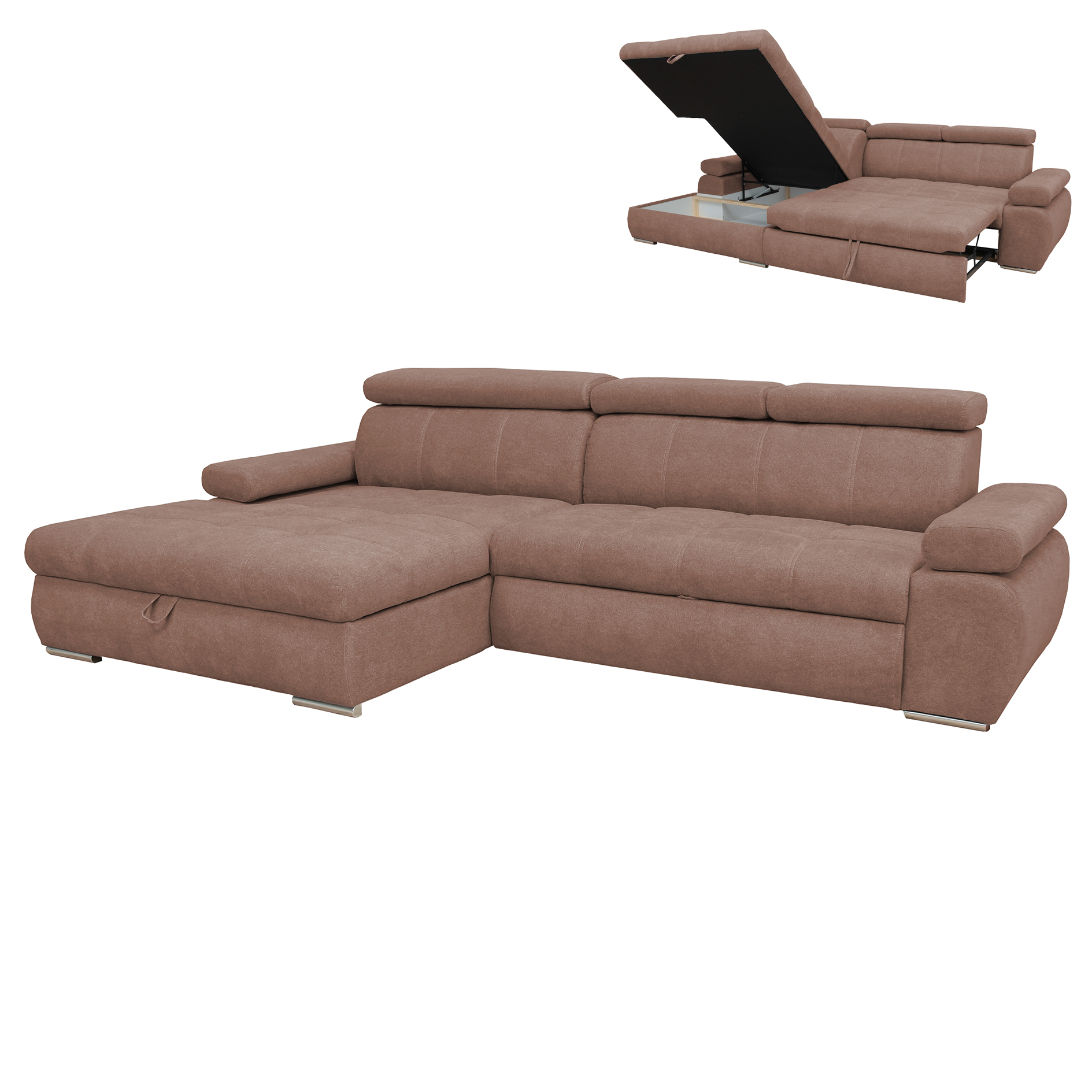 Ecksofa - nougat - Liegefunktion und Staukasten - Ottomane links