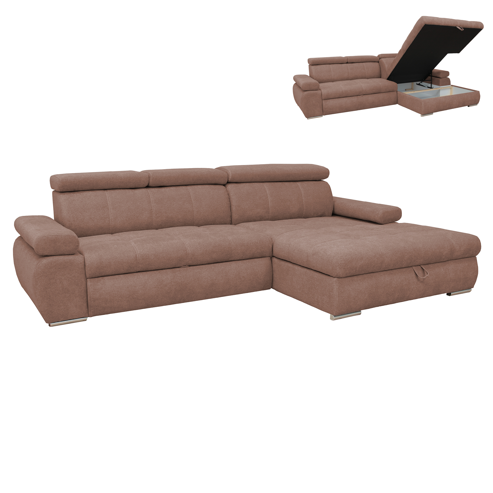 Ecksofa - nougat - Liegefunktion und Staukasten - Ottomane rechts