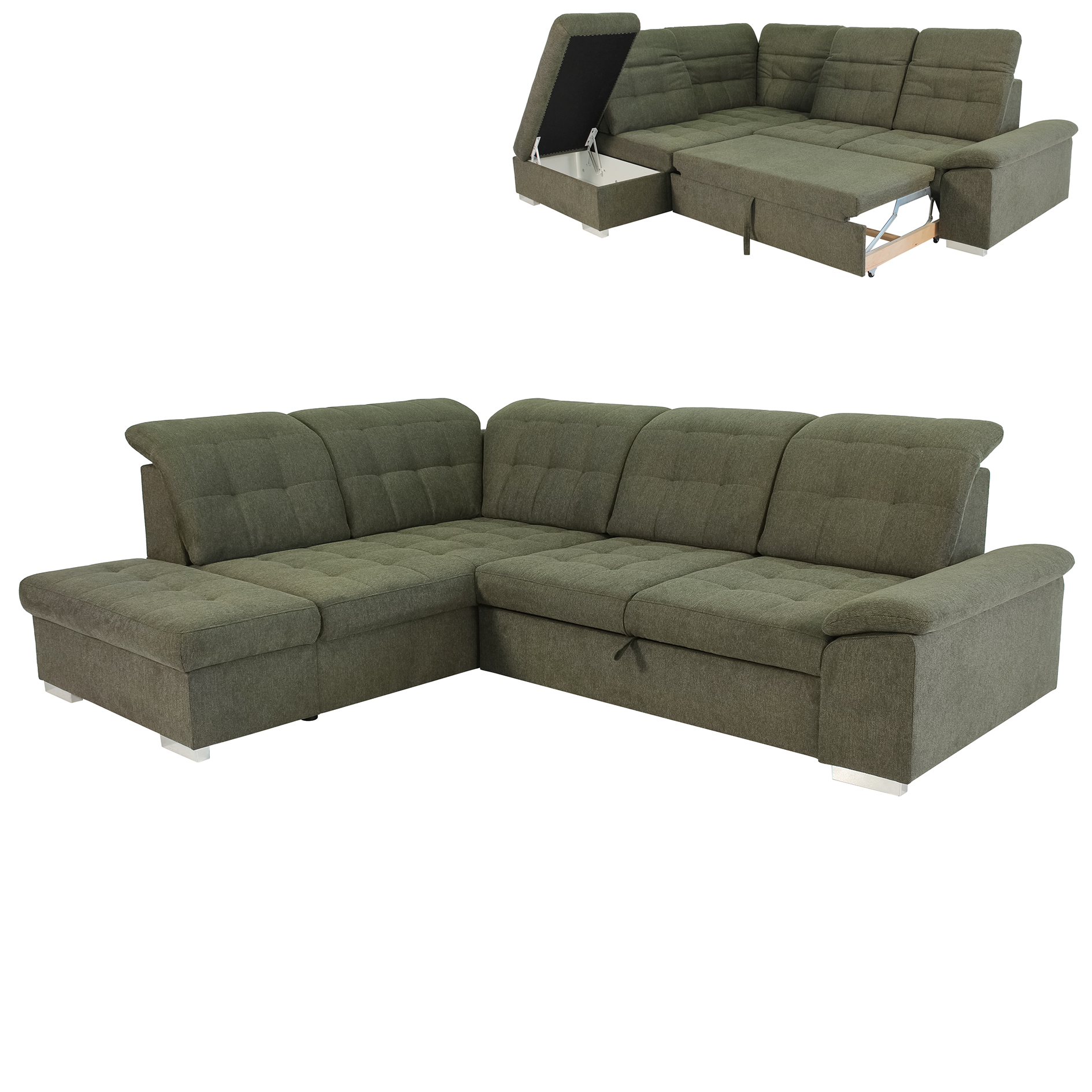 Ecksofa - olive - Liegefunktion - Staukasten links