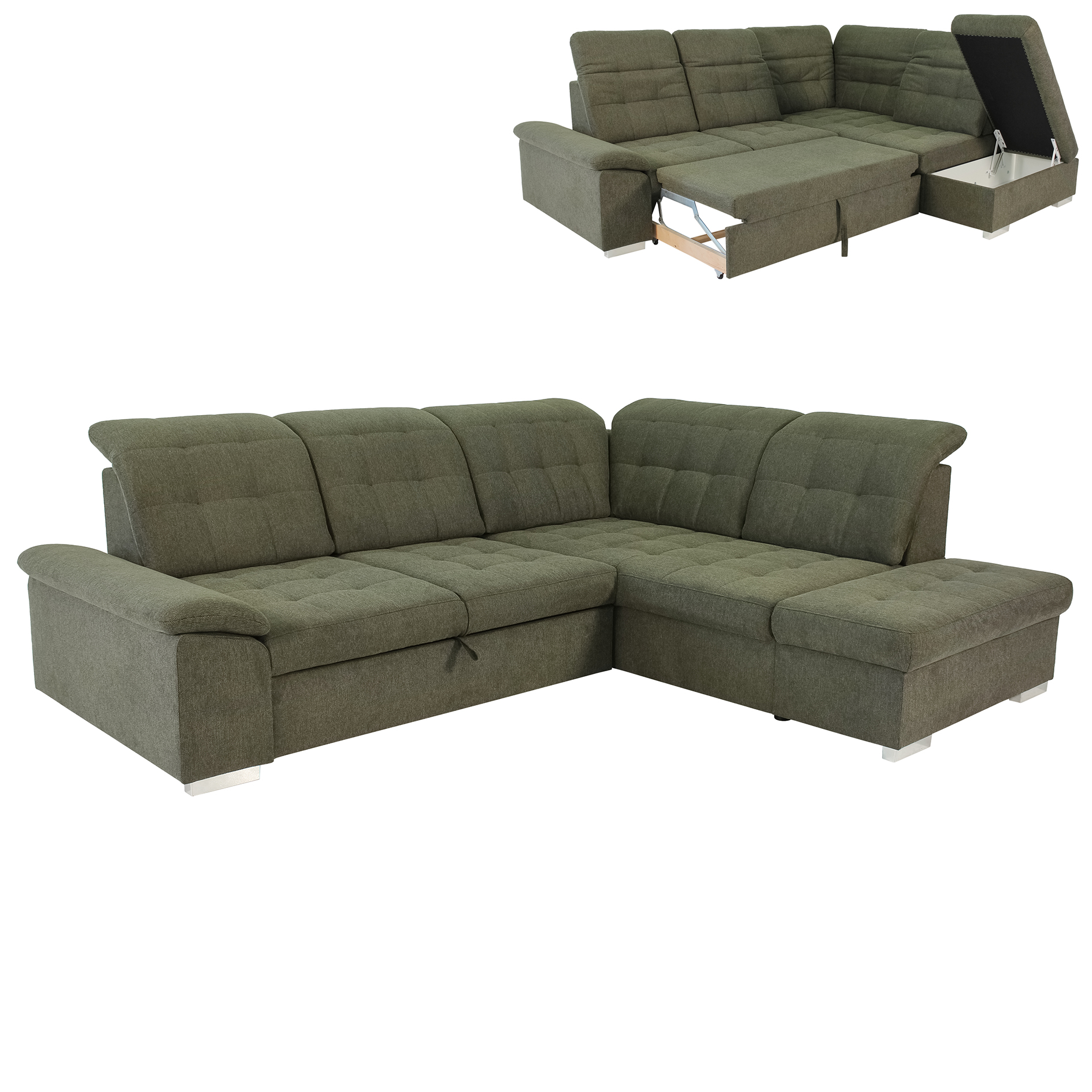 Ecksofa - olive - Liegefunktion - Staukasten rechts
