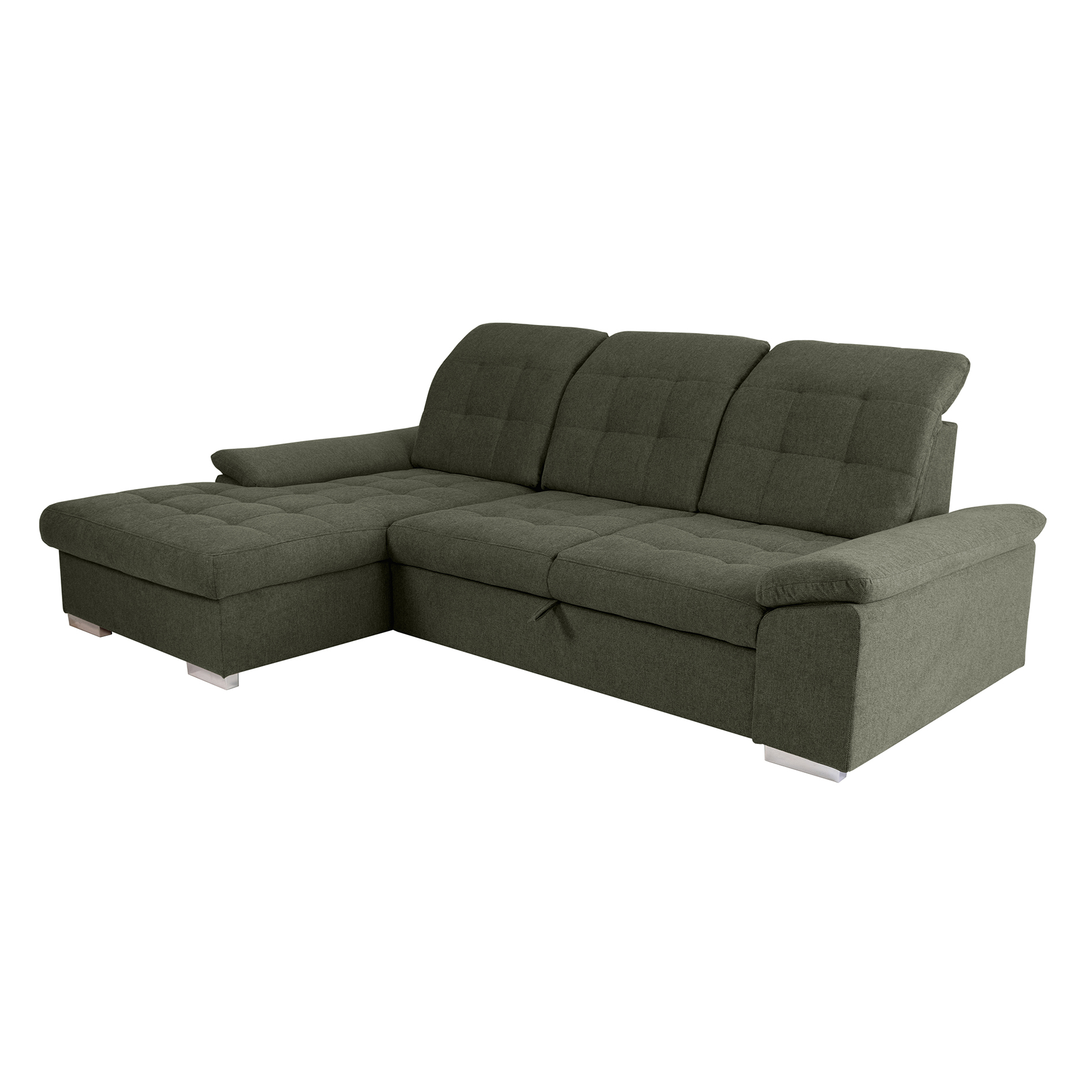 Ecksofa - olive - Liegefunktion und Staukasten - Recamiere links