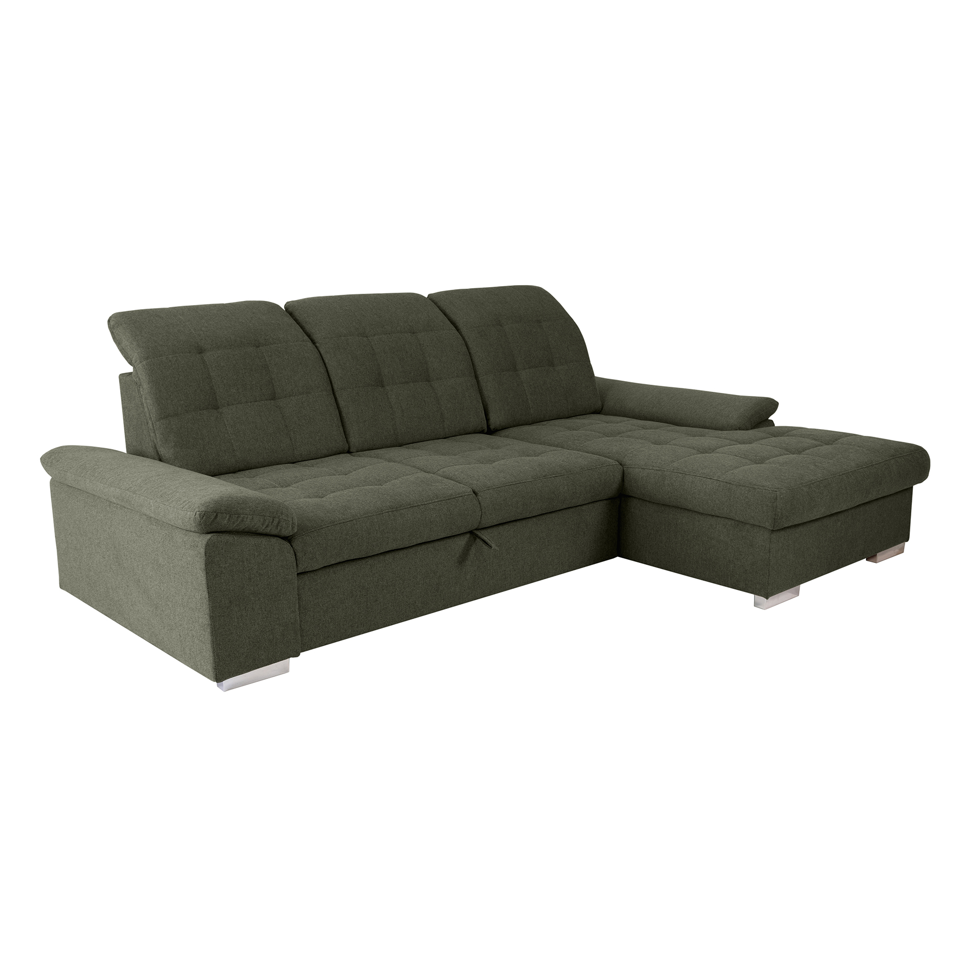 Ecksofa - olive - Liegefunktion und Staukasten - Recamiere rechts